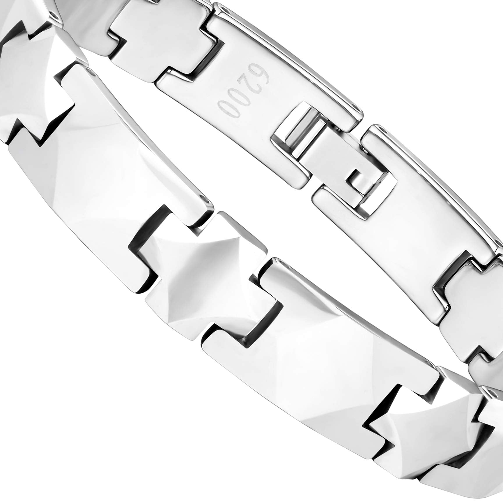 Elegant Men’s Bracelet – Interlocking Track Links with Beveled Geometric Design – Radiant Silver Color – Scratch & Tarnish Resistant Tungsten – Jewelry Gift or Accessory for Men