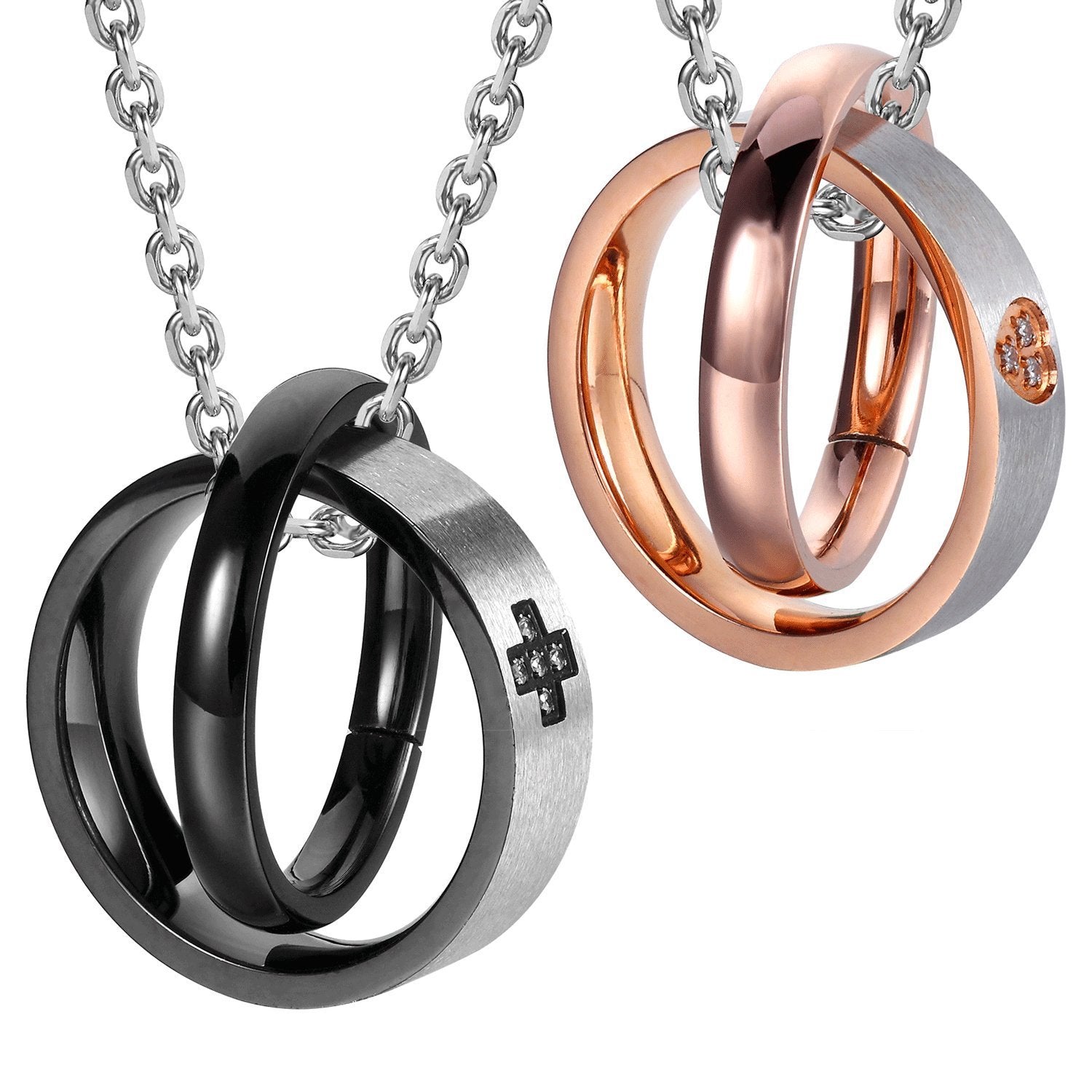 His & Hers Couples Engraved Double Ring Pendant Necklace