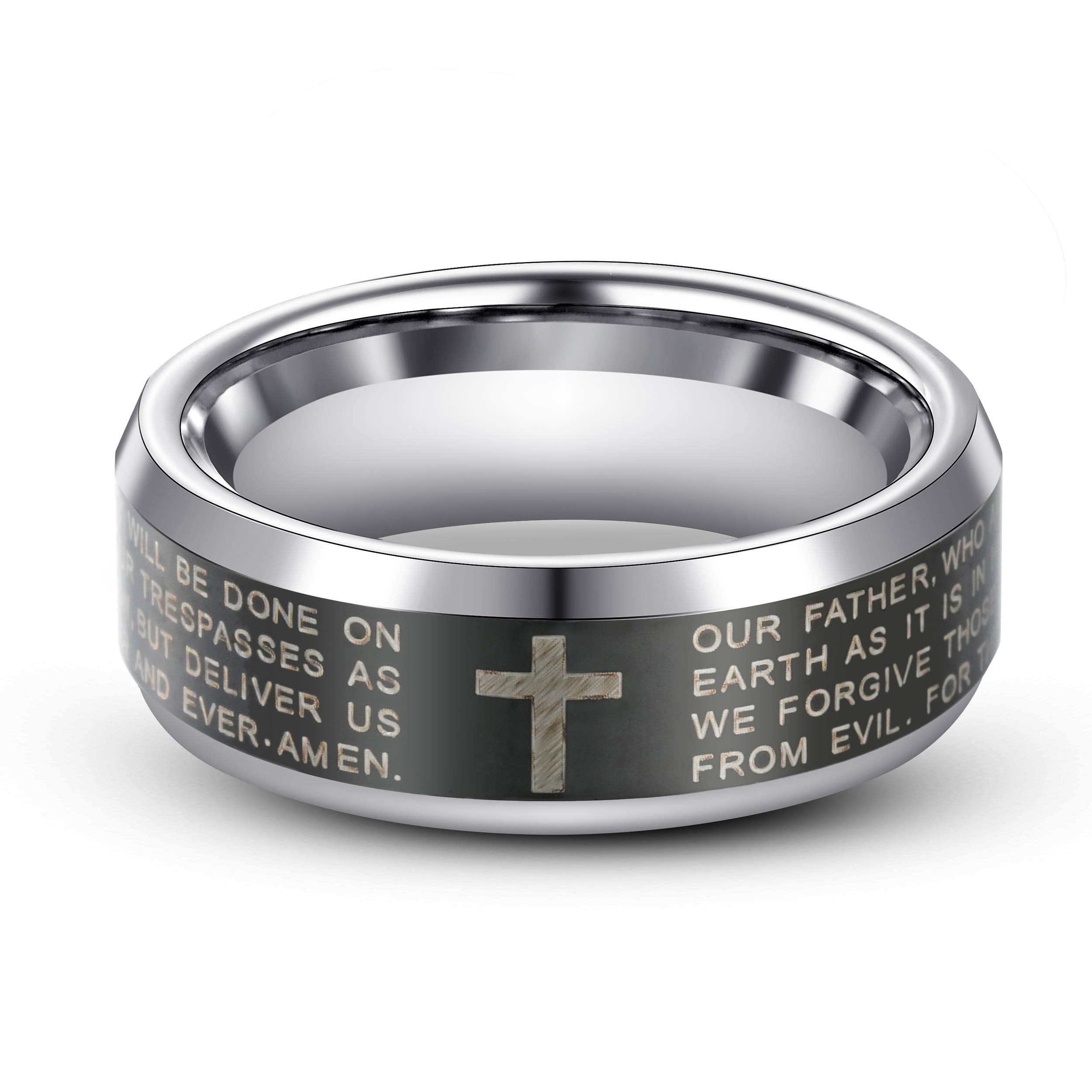 URBAN JEWELRY Men’s Christian Ring – Inscribed with The Religious Lord’s Prayer and Cross – Black and Silver Color – Polished Solid Tungsten Carbide Material for Him