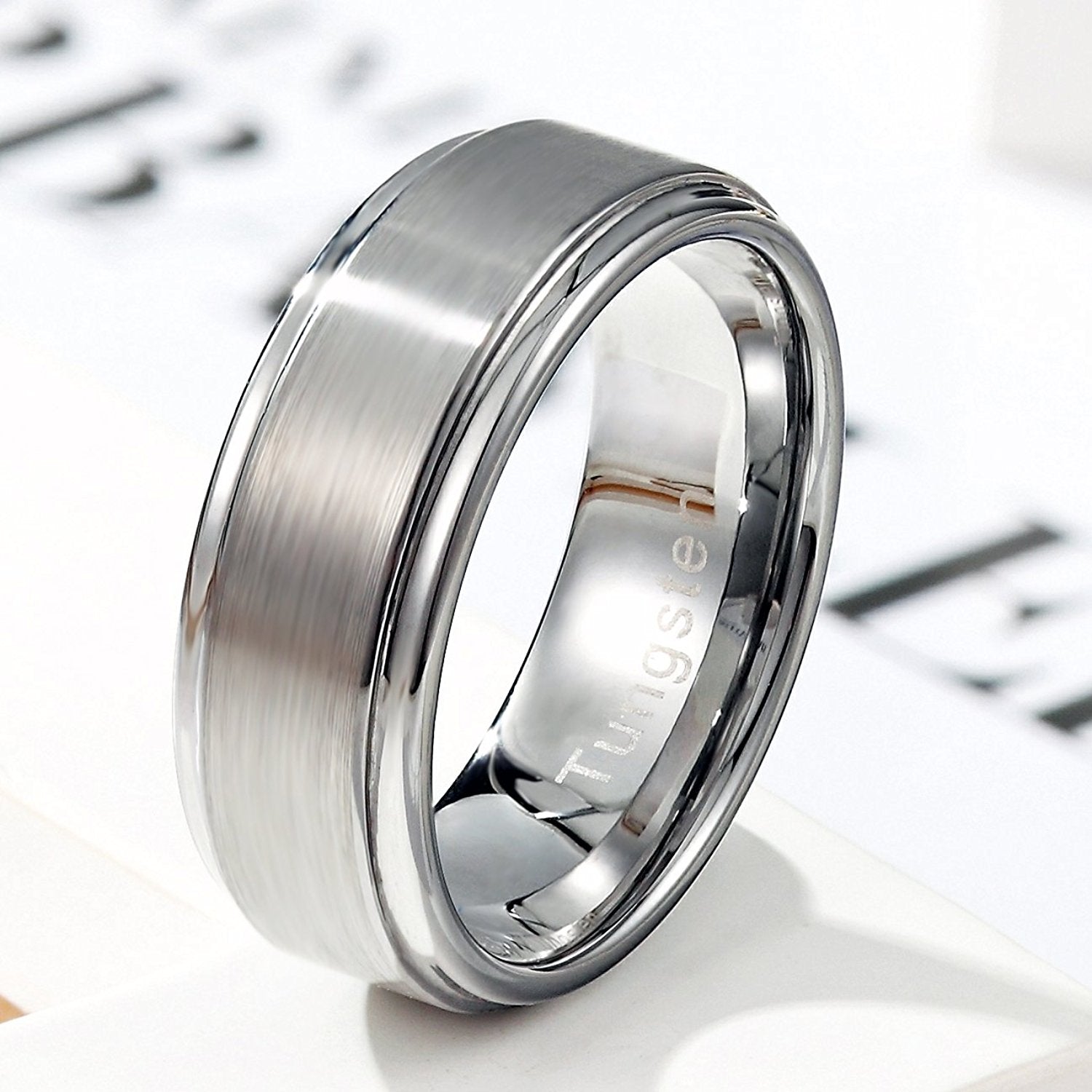 Urban Jewelry Beveled Edge Brushed Solid Tungsten 8 mm Comfort Fit Ring Band for Men