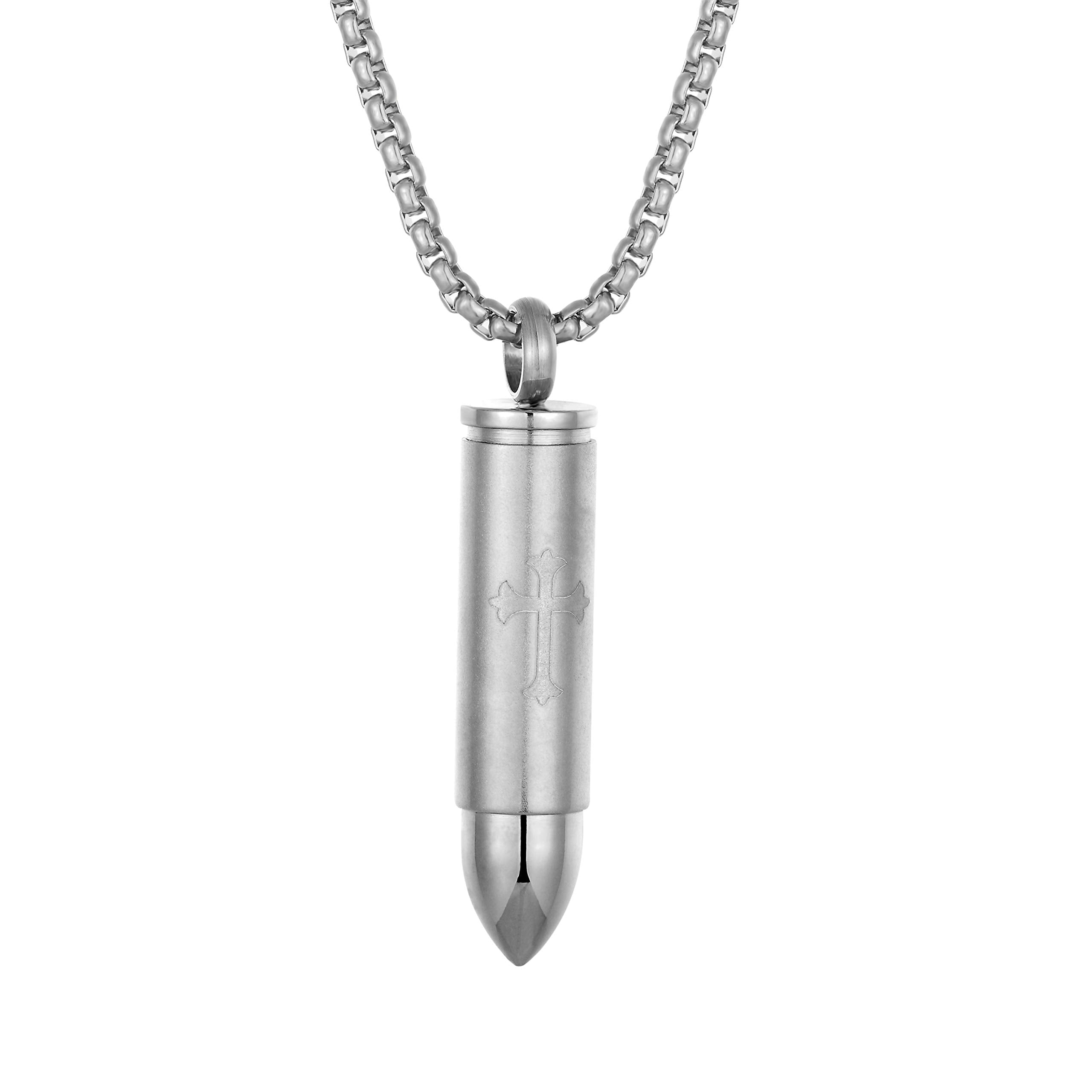 Urban Jewelry Striking Men’s Bullet Locket Necklace – Detailed with The Lord’s Cross in a Polished Gold, Silver or Black Finish – Rust & Discoloration Resistant Stainless Steel Pendant and Chain