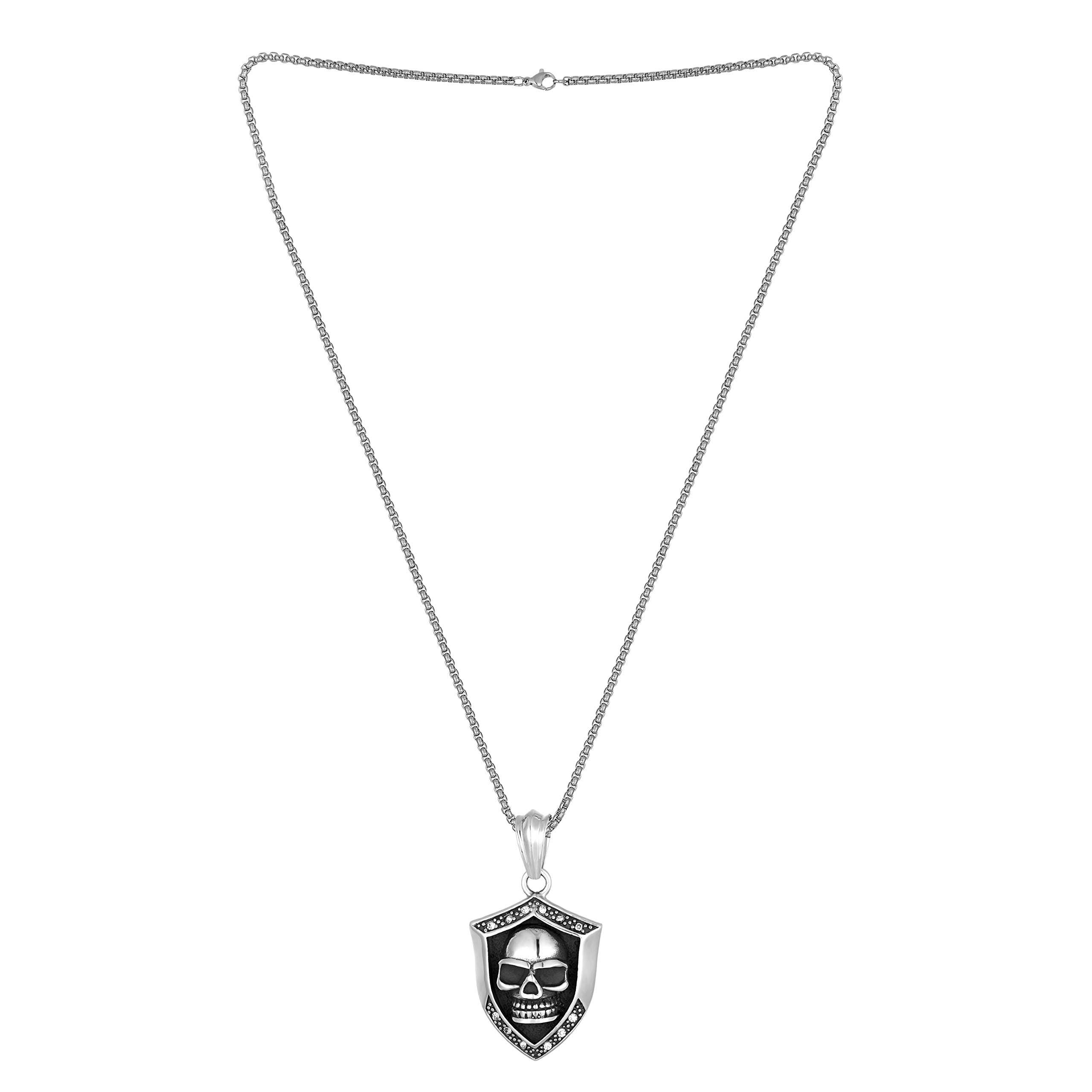Bold Men’s Biker Necklace – Death’s Skull Shield Pendant in a Polished Black and Silver Color – Rust & Discoloration Resistant Stainless Steel Pendant and Chain – Jewelry Gift or Accessory for Men