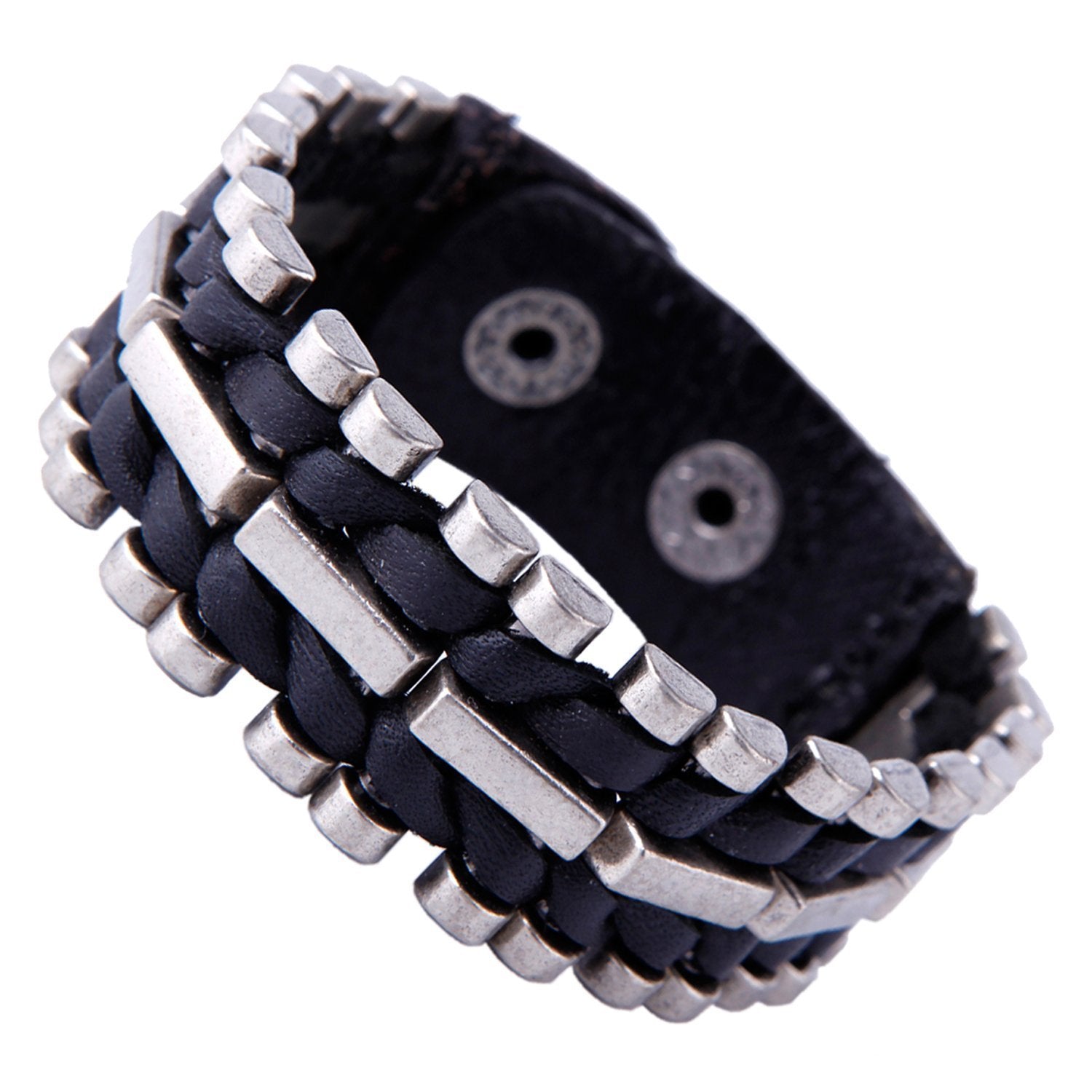 Urban Jewelry Unusual Genuine Leather & Metal Cuff Men's Bracelet by (Black, Silver)