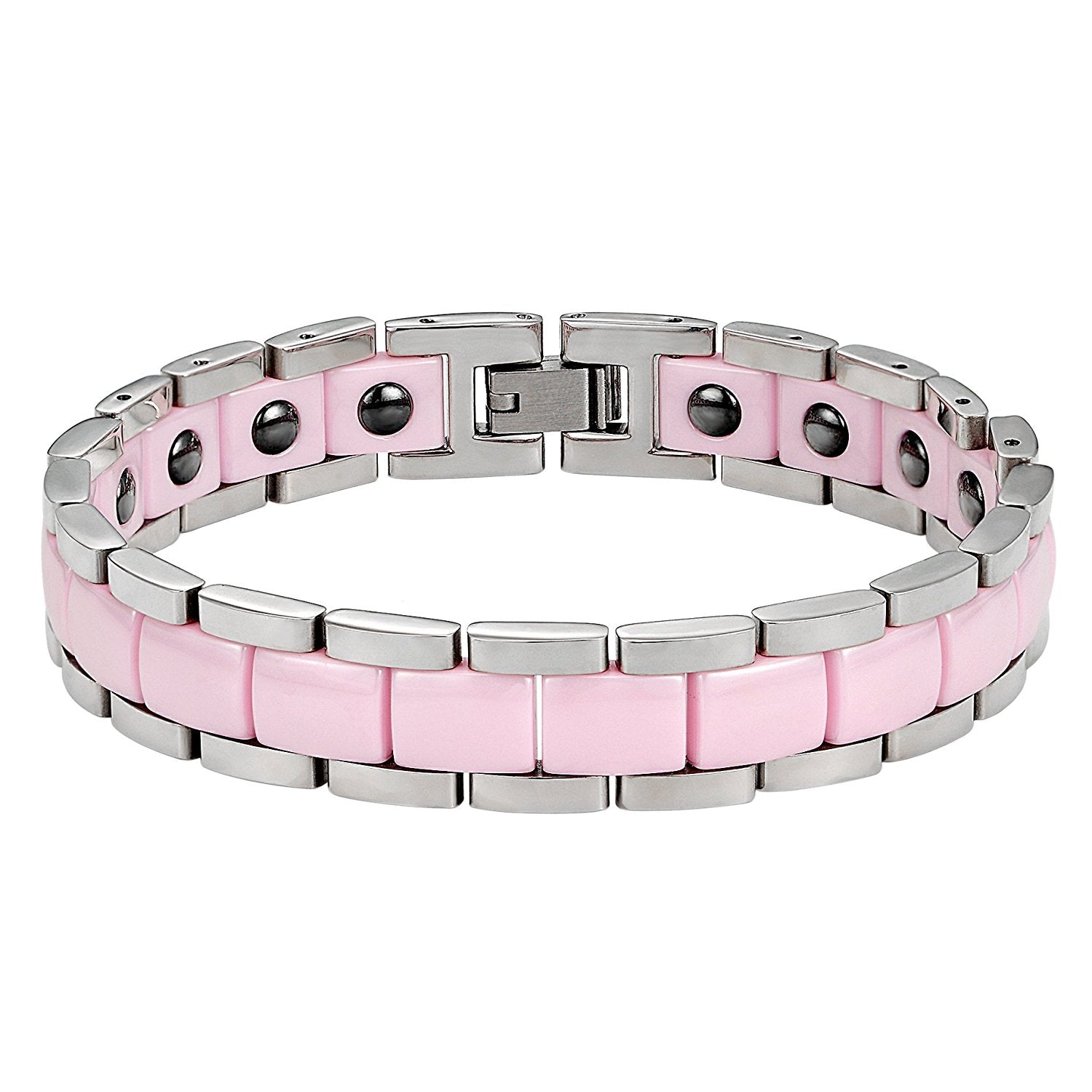 Urban Jewelry Women's 316 Stainless Steel and Ceramic Link Bracelet Easy to Slip on (Silver, Pink, 7.85 inches)