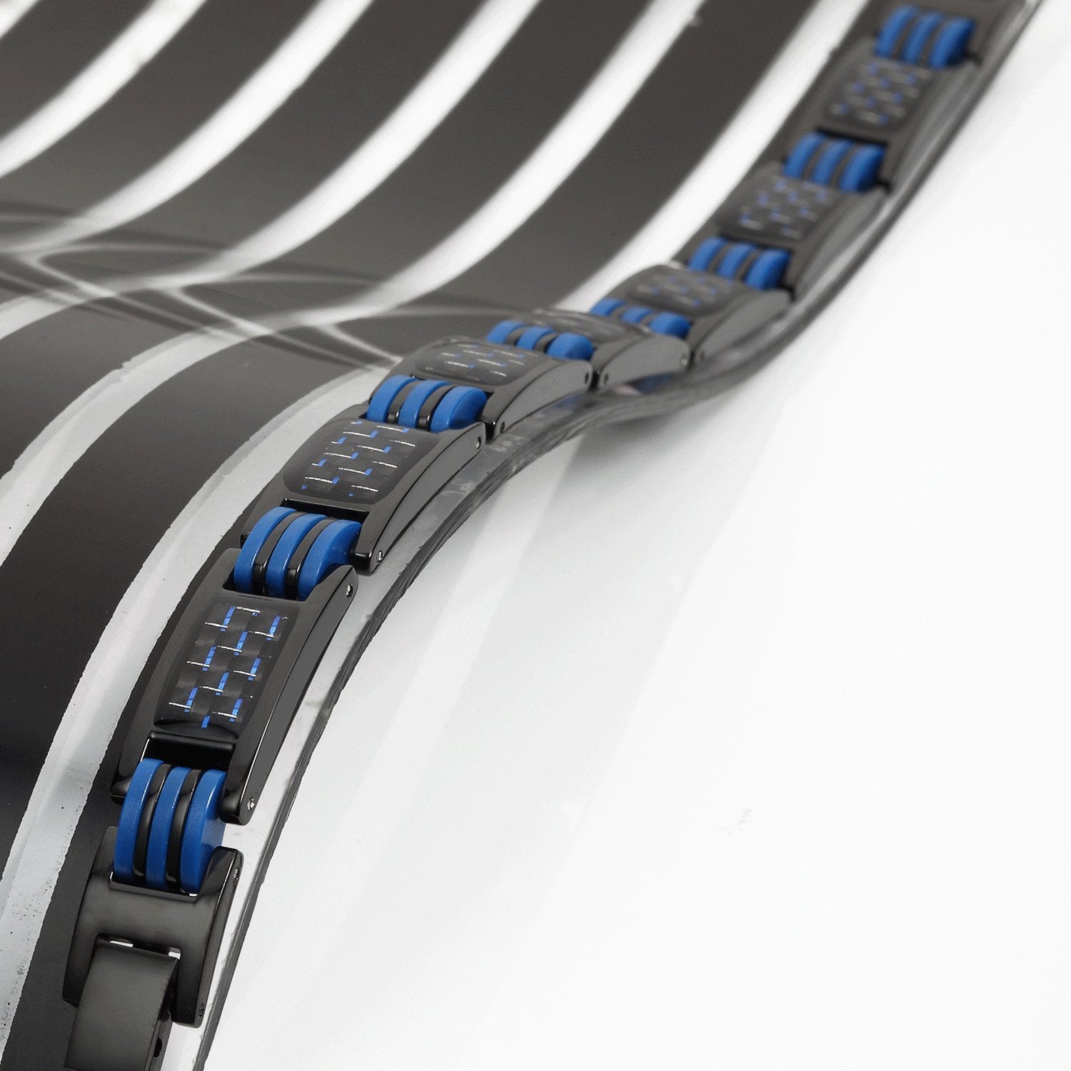 Urban Jewelry Men's Titanium Magnetic Link Bangle Bracelet with Carbon Fiber 8.66 inch (Black and Blue)