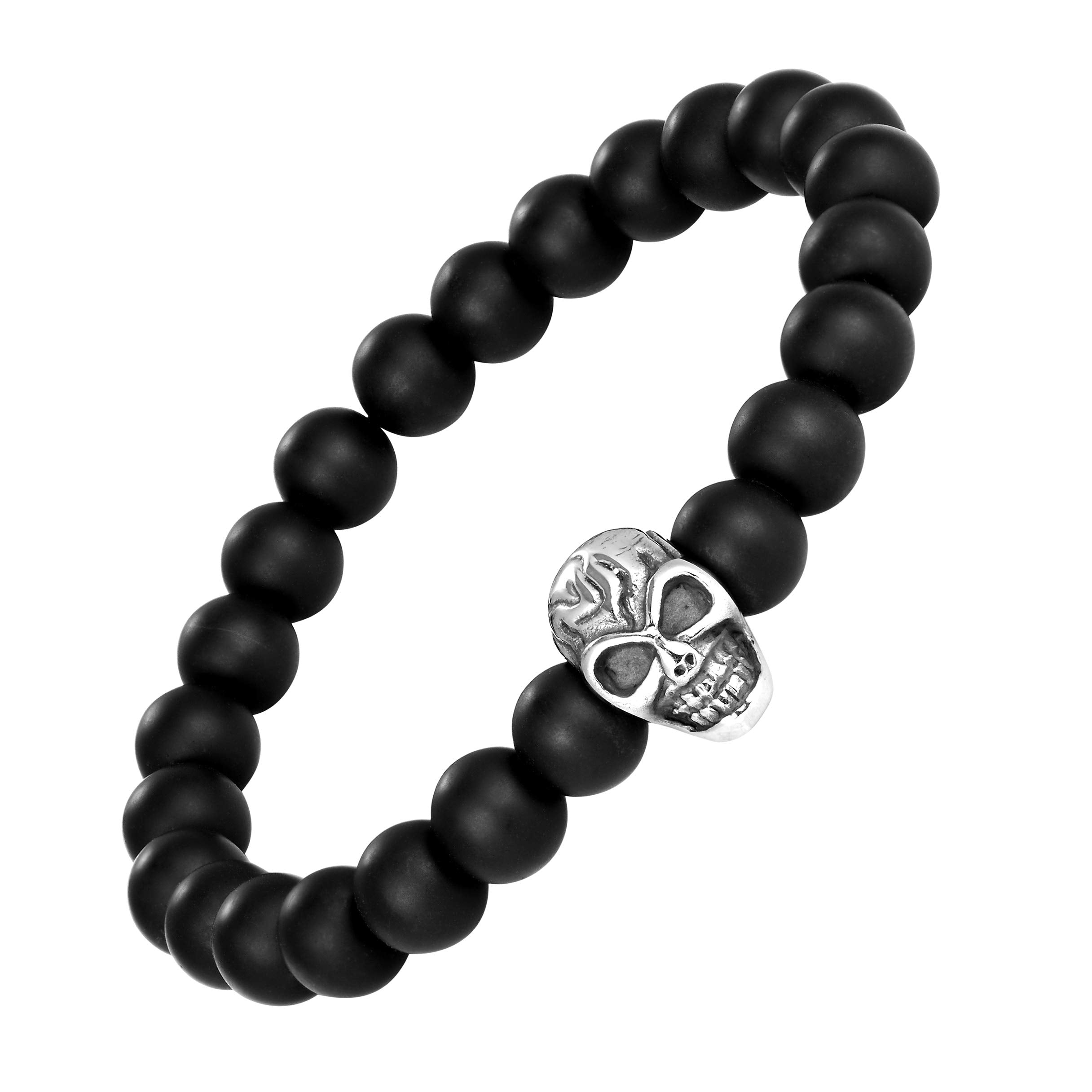 Contemporary Men’s Bracelet – Black Beads with Silver Color Mayan Skull Charm – Made of Glass & Polished Stainless Steel – Jewelry Gift or Accessory for Men
