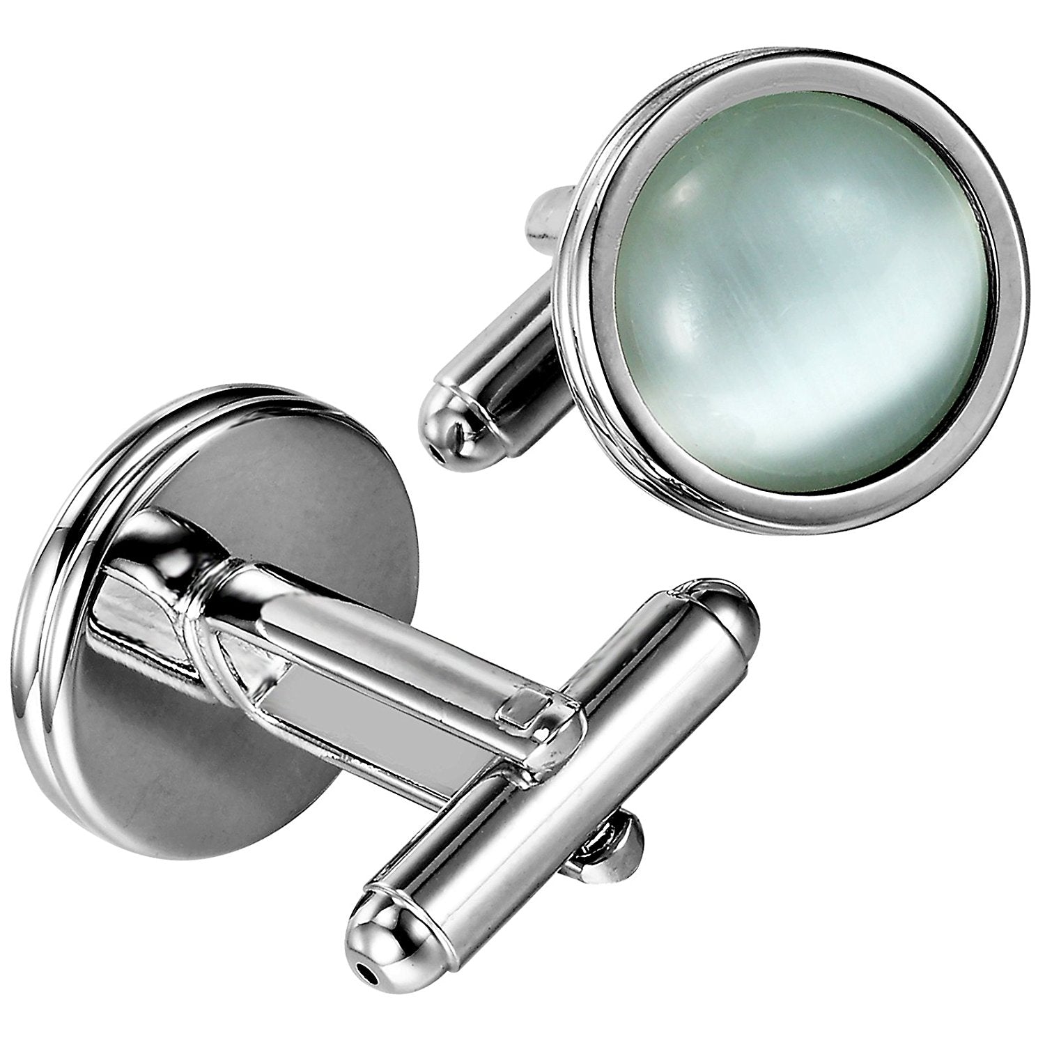 Urban Jewelry Stunning Round Blue Created-Opal and Stainless Steel Cufflinks for Men (Silver)