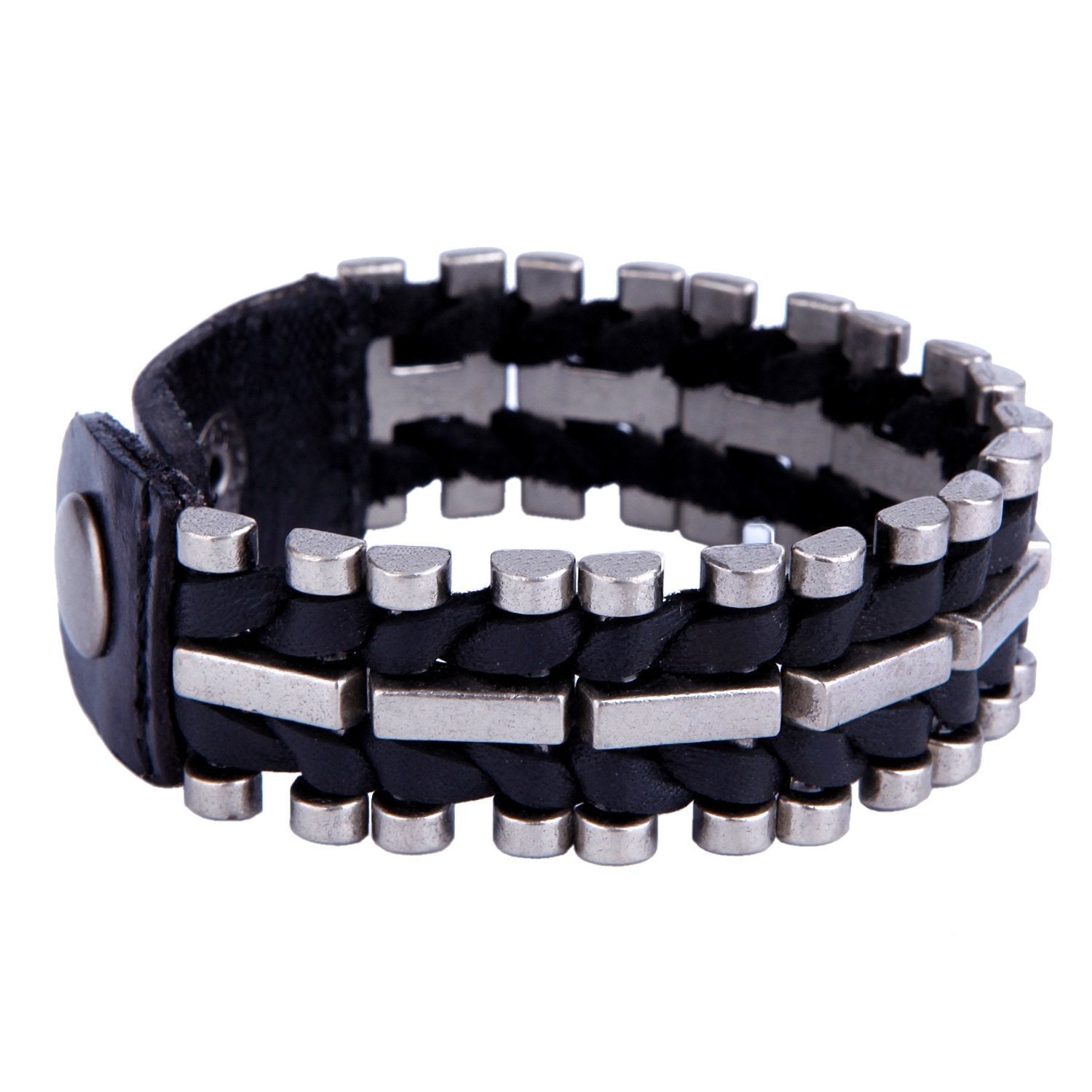 Urban Jewelry Unusual Genuine Leather & Metal Cuff Men's Bracelet by (Black, Silver)