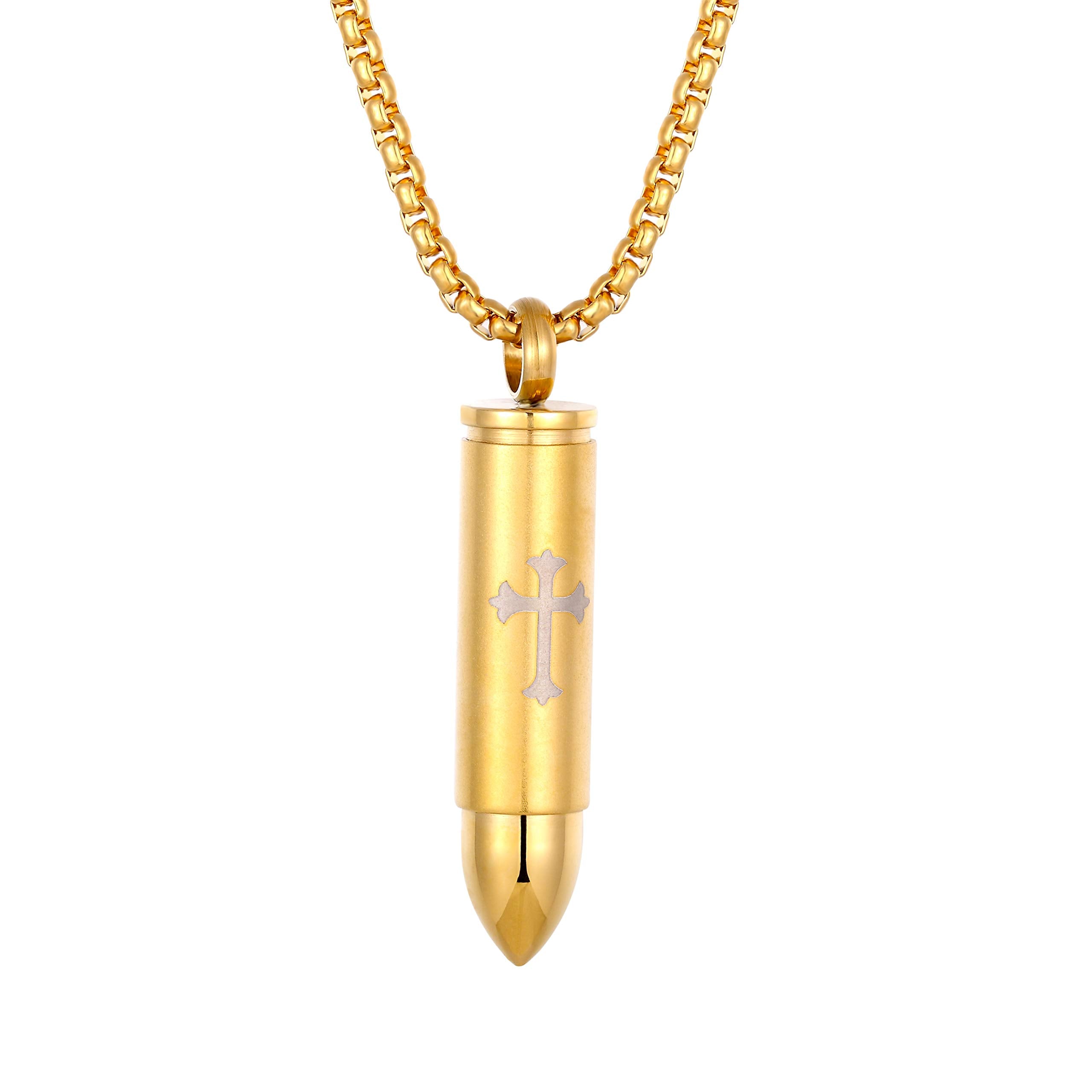 Urban Jewelry Striking Men’s Bullet Locket Necklace – Detailed with The Lord’s Cross in a Polished Gold, Silver or Black Finish – Rust & Discoloration Resistant Stainless Steel Pendant and Chain
