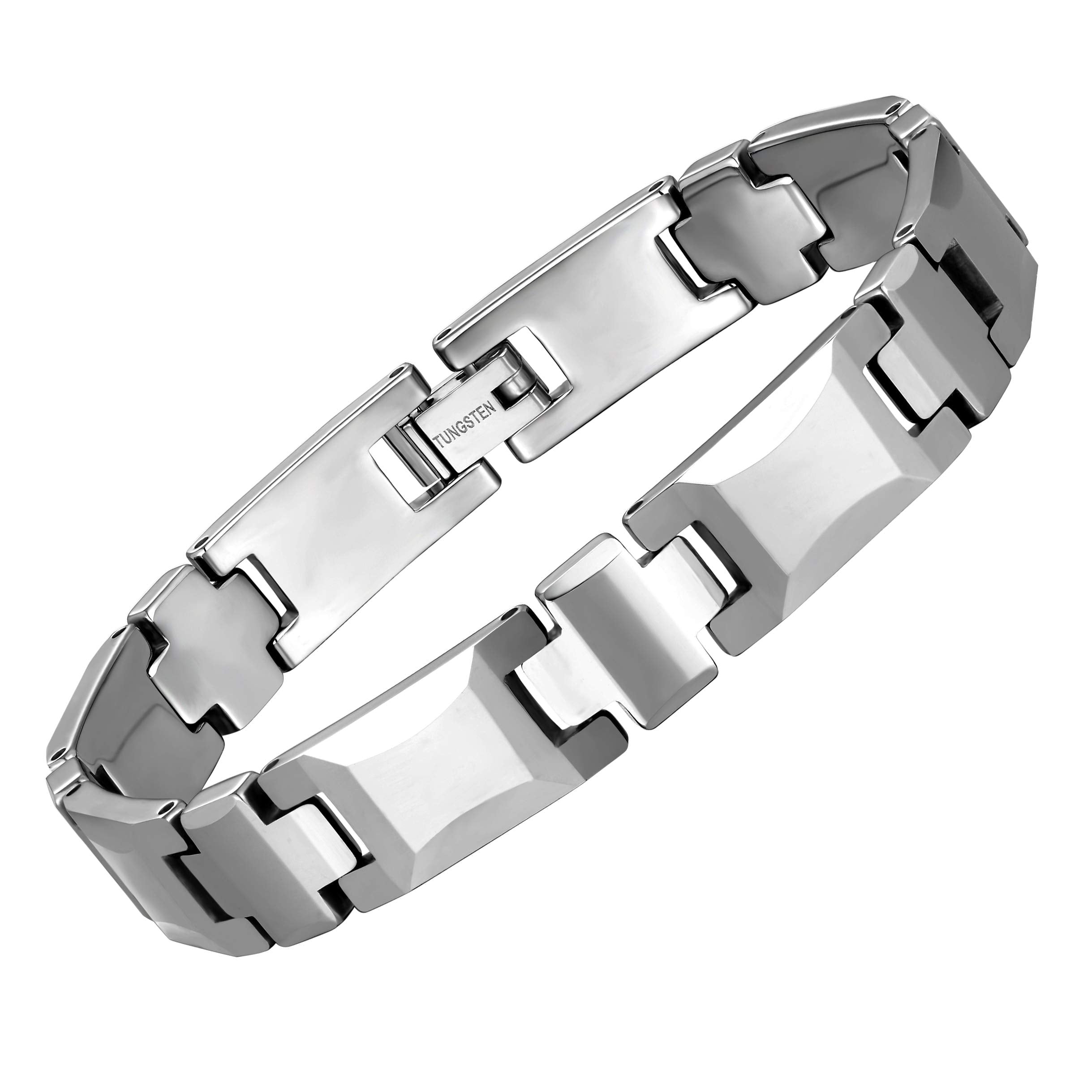 Classy Men’s Bracelet – Interlocking Track Links – Box Chain Rectangular Geometric Design – Polished Silver Color – Scratch & Tarnish Resistant Tungsten – Jewelry Gift or Accessory for Men