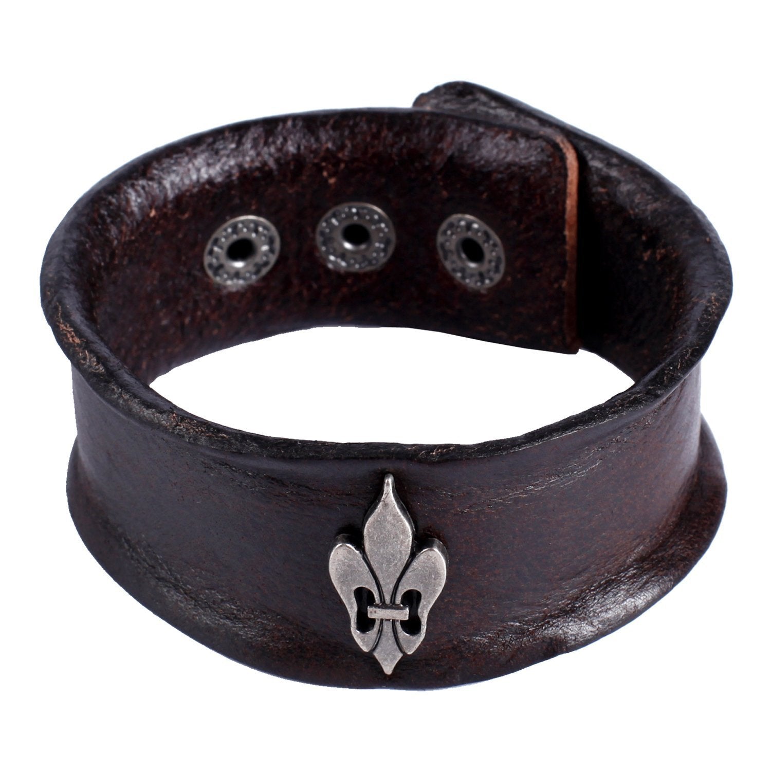 Urban Jewelry Vintage Style Men's Metal Fleur-de-lis Cuff Genuine Leather Bracelet (Brown, Adjustable)