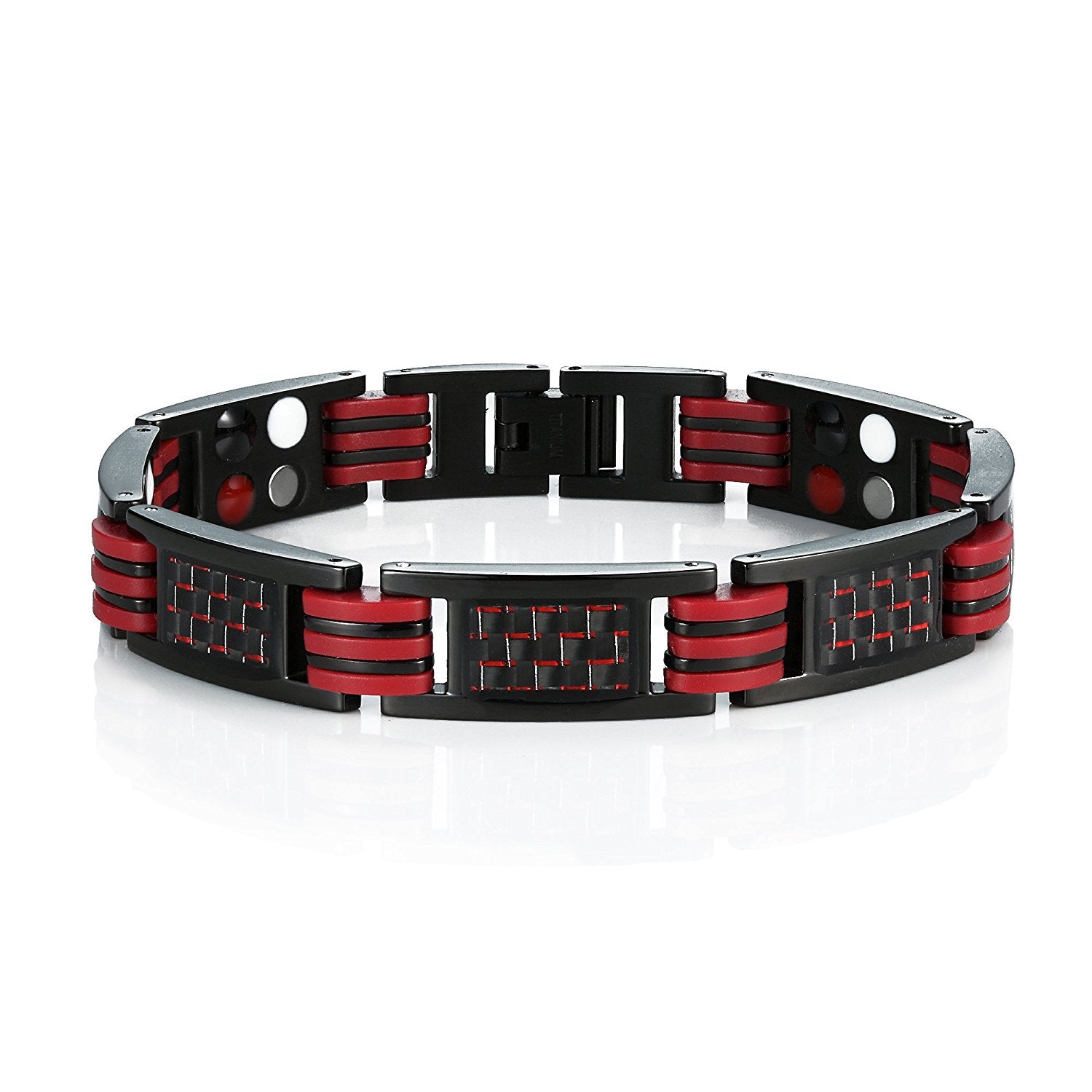 Urban Jewelry Men's Titanium Magnetic Link Bangle Bracelet with Carbon Fiber 8.66 inch (Black and Red)