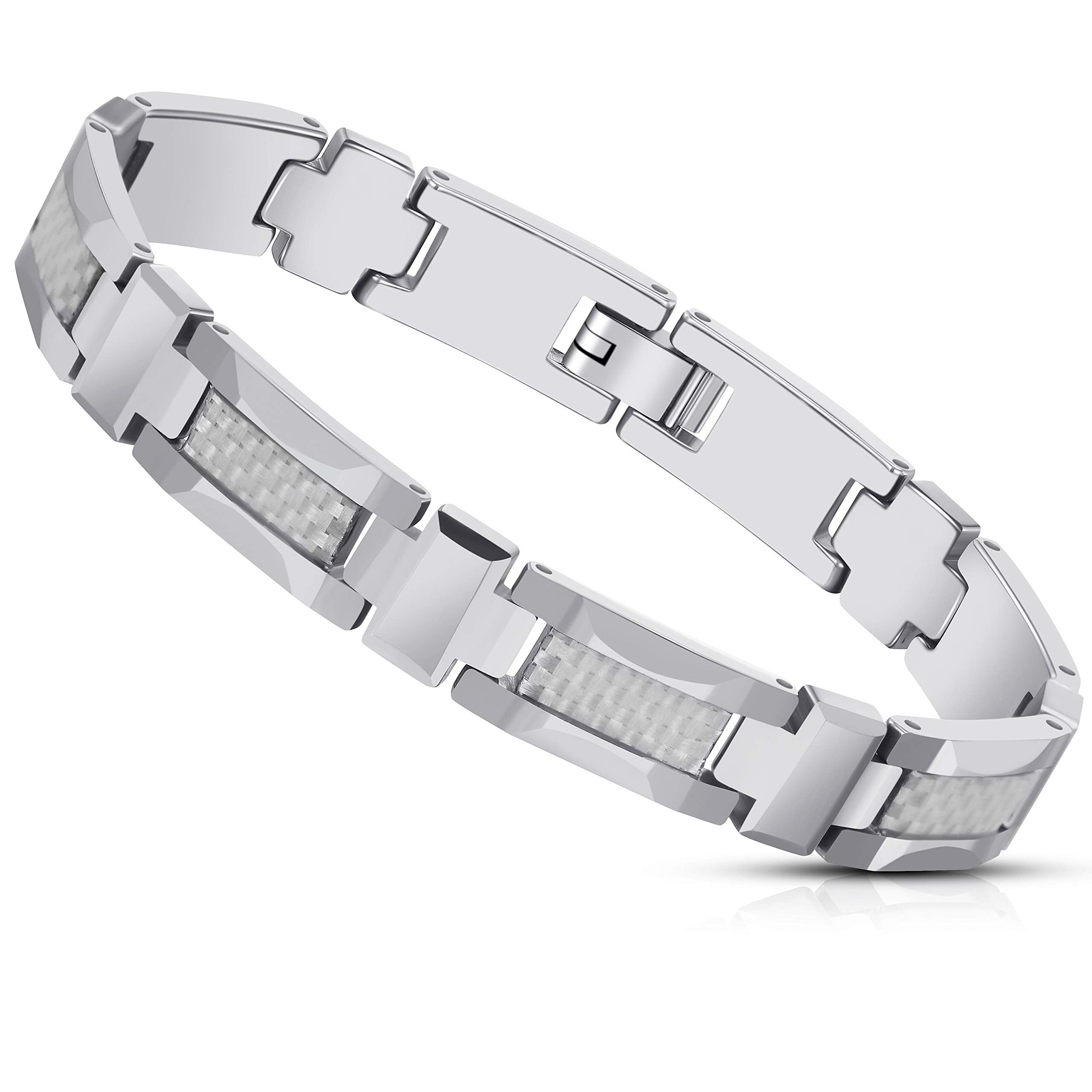 Men’s Tungsten Carbide Cross Bracelet - Link Chain Design in a Polished Silver Finish - Advanced Engineered Metal Blend of Solid Tungsten & Carbon Fiber Material -8.3 inch (21 cm) 10mm wide (Silver)