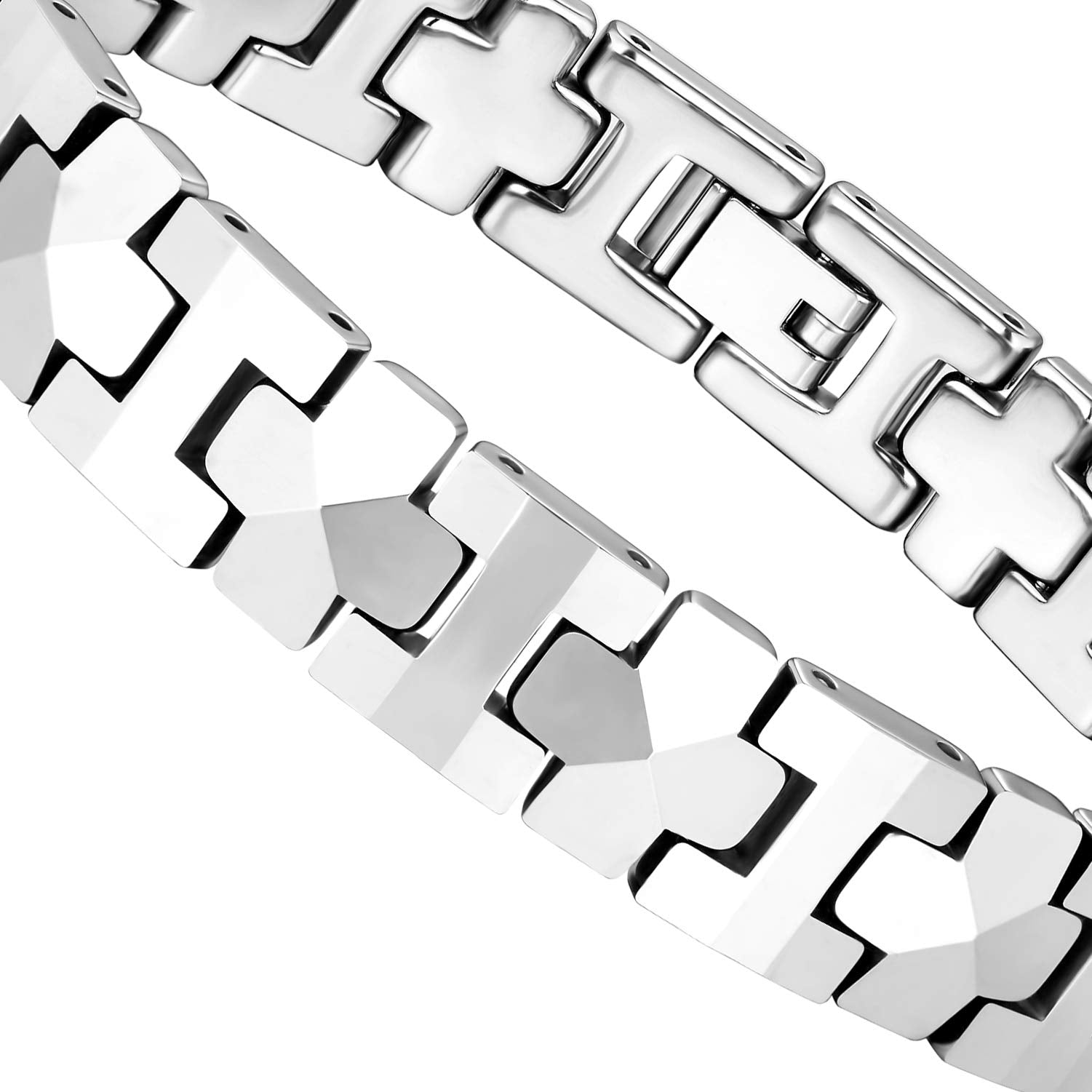 Mesmerizing Men’s Bracelet – Interlocking Track Links with Beveled Geometric Pattern – Polished Silver Finish – Scratch & Tarnish Resistant Tungsten – Jewelry Gift or Accessory for Men