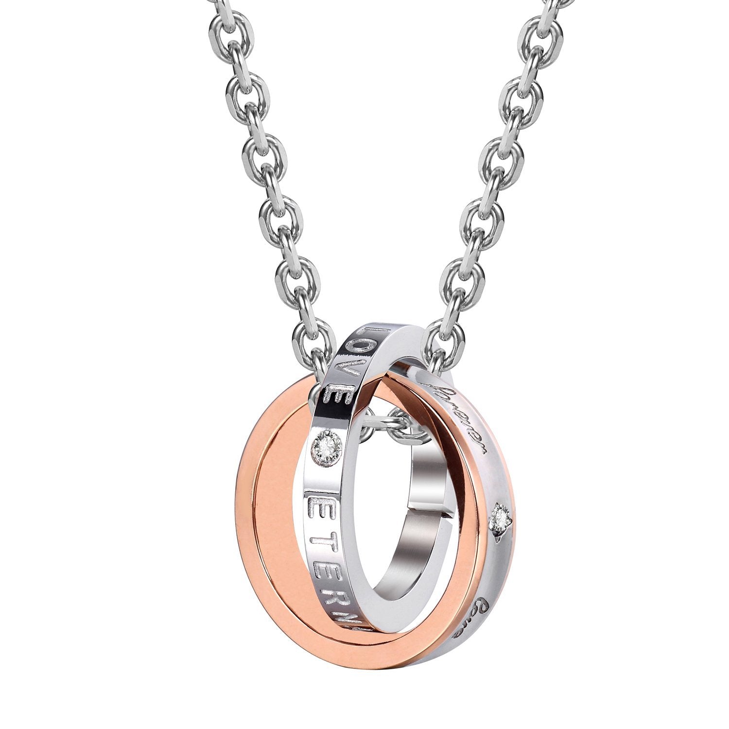 His & Hers Couples Engraved Double Ring Pendant Necklace