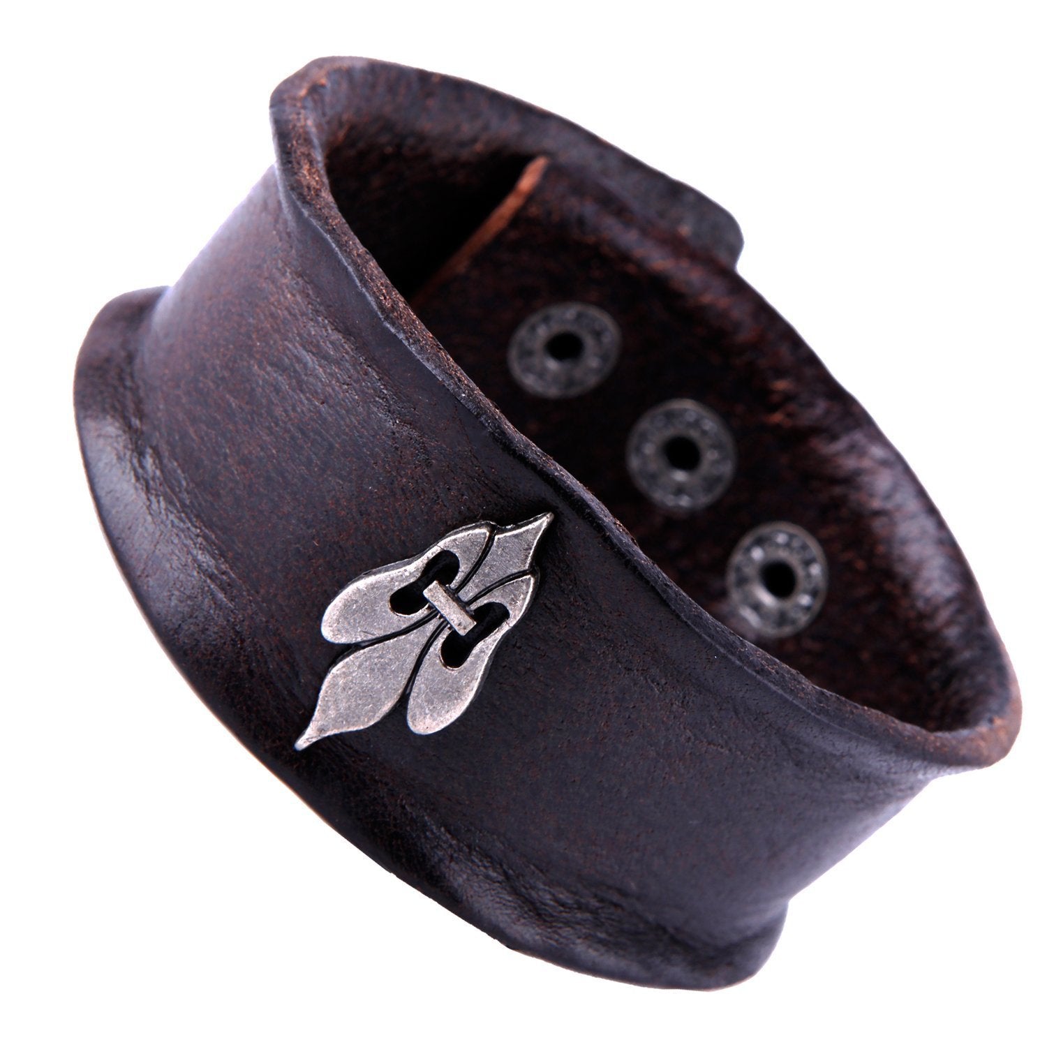 Urban Jewelry Vintage Style Men's Metal Fleur-de-lis Cuff Genuine Leather Bracelet (Brown, Adjustable)