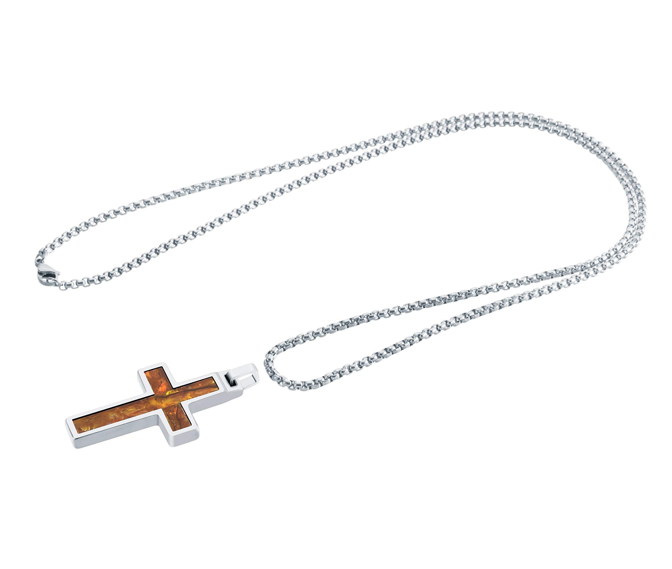 Tungsten Men’s Christian Necklace – Cross Pendant with Steel Chain 22” – – Made of Polished Solid Tungsten, Carbon Fiber, and Amethyst Shell Material – 6 Designs and Colors to Choose - Gift for Him