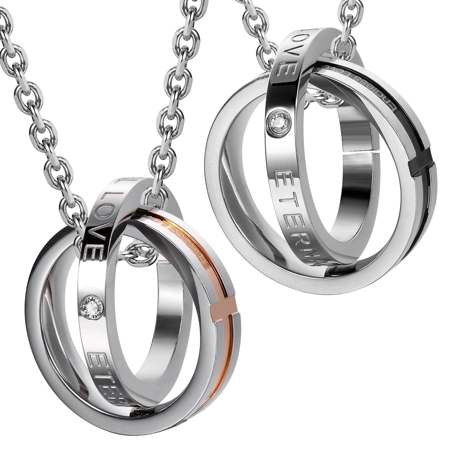 His & Hers Couples Engraved Double Ring Pendant Necklace