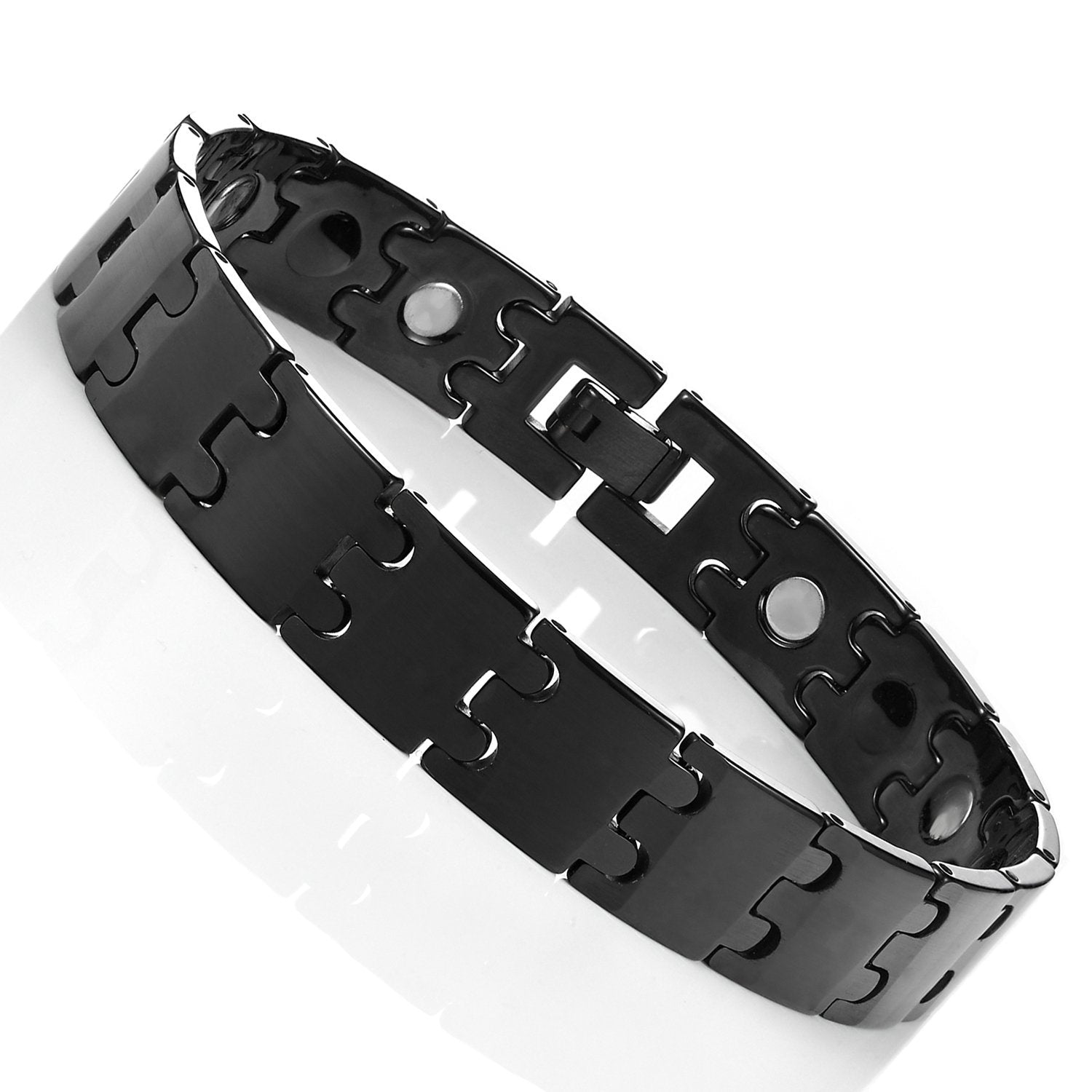Unique Black Solid Tungsten Puzzle Pieces Style Mens 8.5 Inch Link Bracelet (Magnet, 13mm)