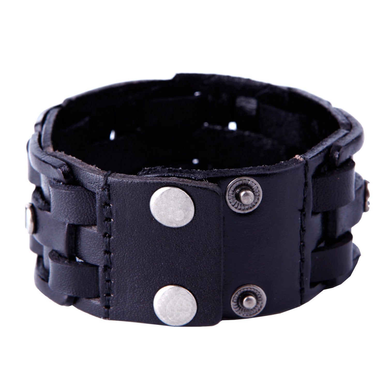Urban Jewelry Gothic Men's Army Style Coal Black Cuff Genuine Leather Bracelet with Metal Silver Tone Screws