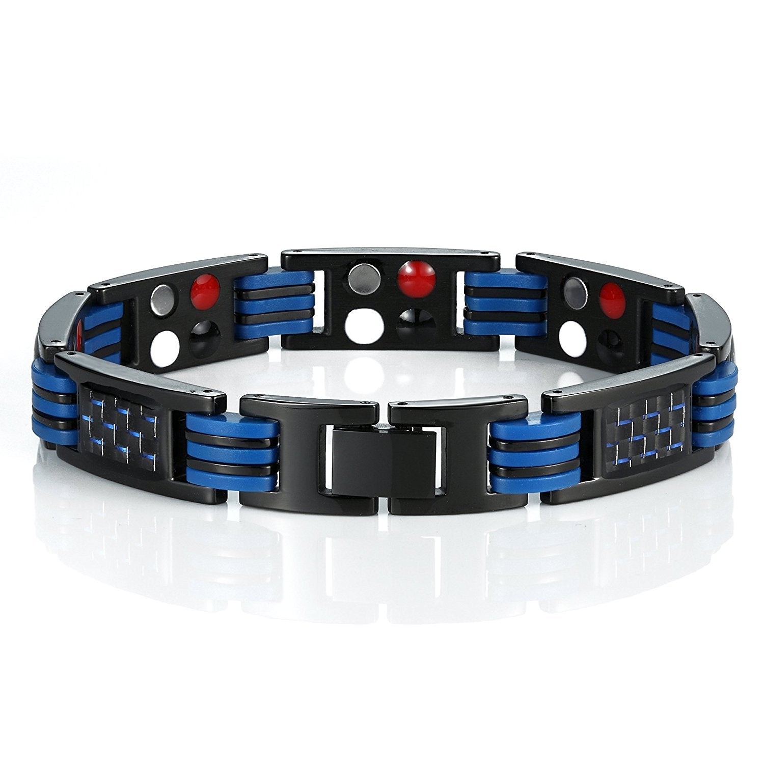 Urban Jewelry Men's Titanium Magnetic Link Bangle Bracelet with Carbon Fiber 8.66 inch (Black and Blue)