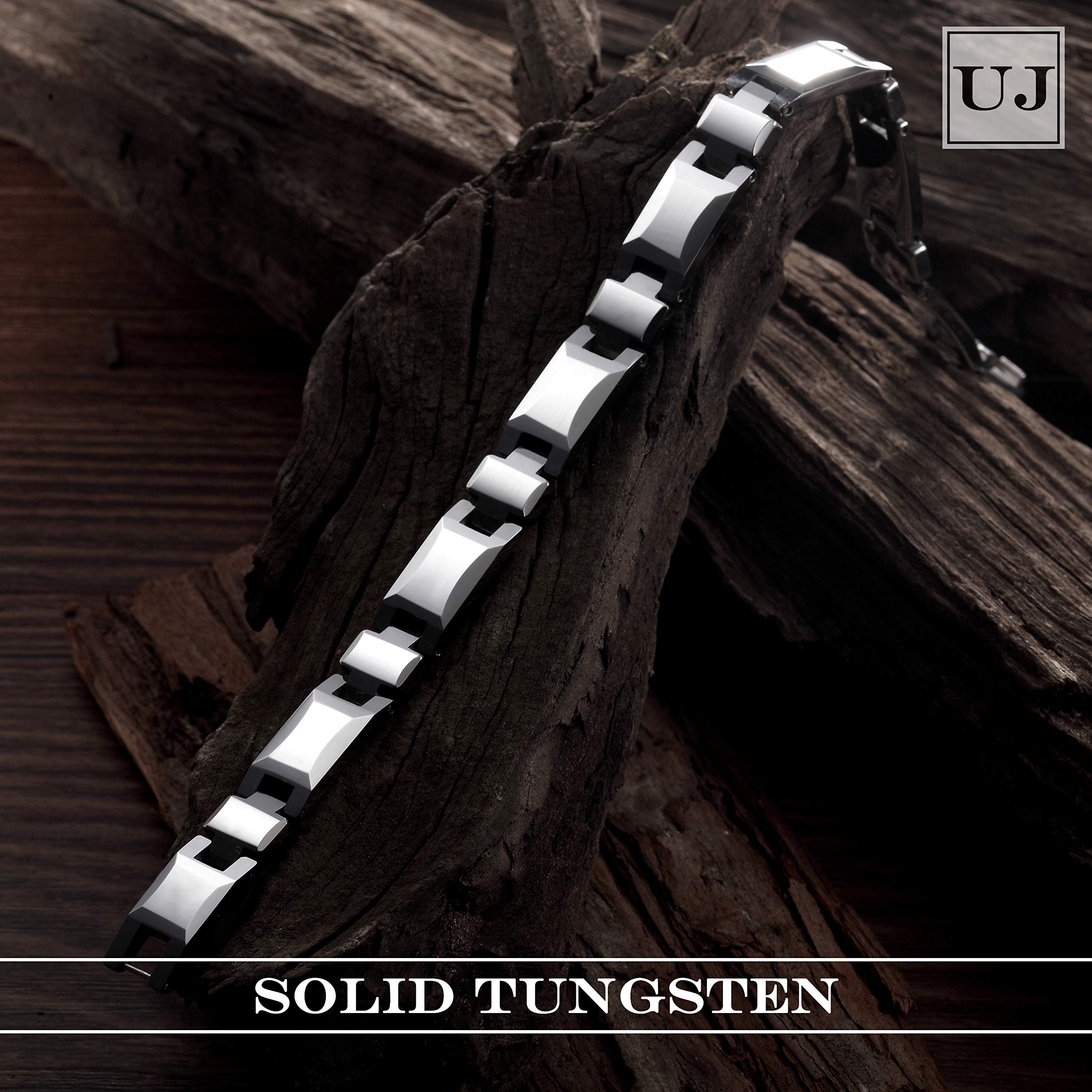 Classy Men’s Bracelet – Interlocking Track Links – Box Chain Rectangular Geometric Design – Polished Silver Color – Scratch & Tarnish Resistant Tungsten – Jewelry Gift or Accessory for Men
