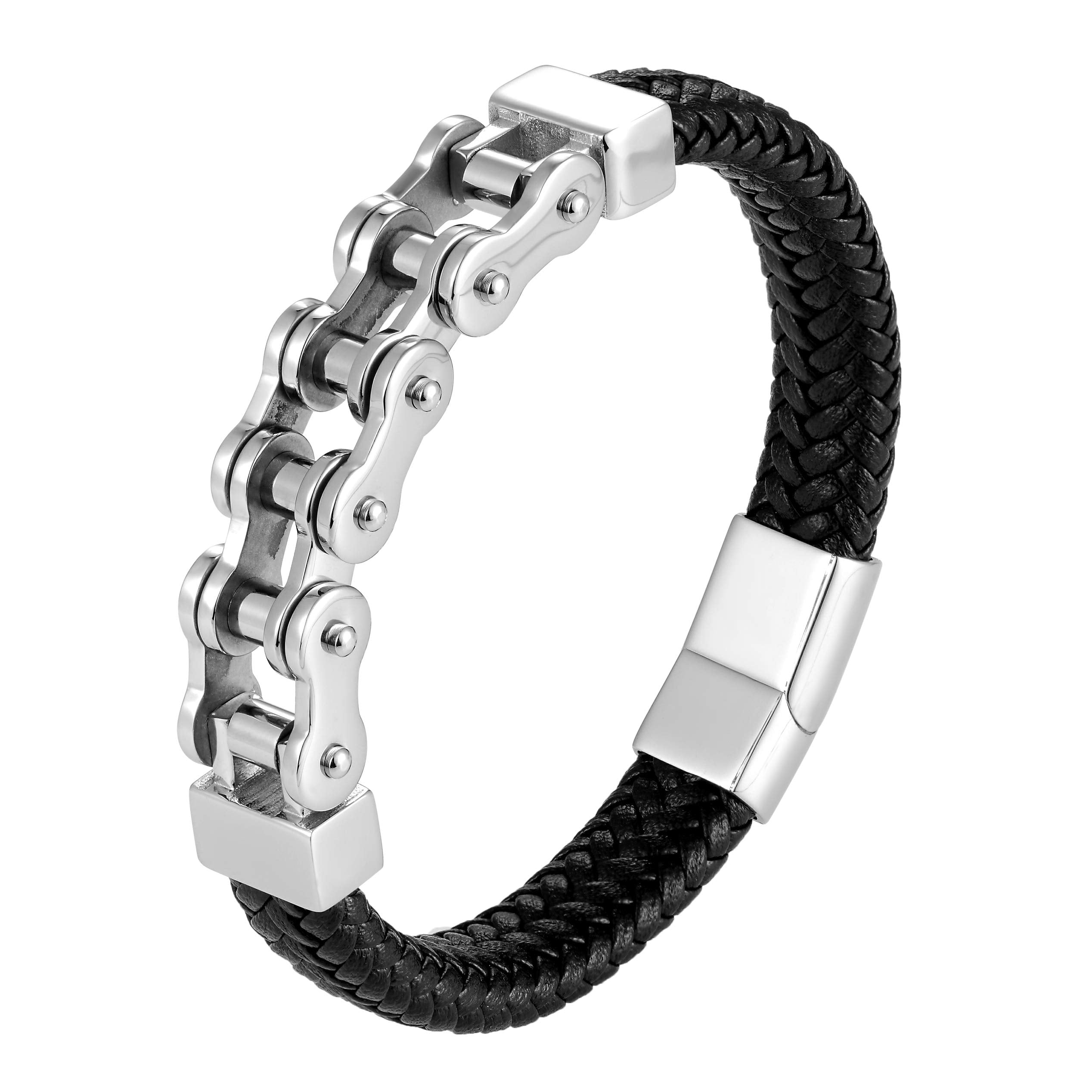 Dystopian Men’s Bracelet – Black Leather Braided Rope Bracelet with Contemporary Bike Chains – Genuine Leather & Stainless Steel – Black & Polished Silver Color – Jewelry Gift or Accessory for Men