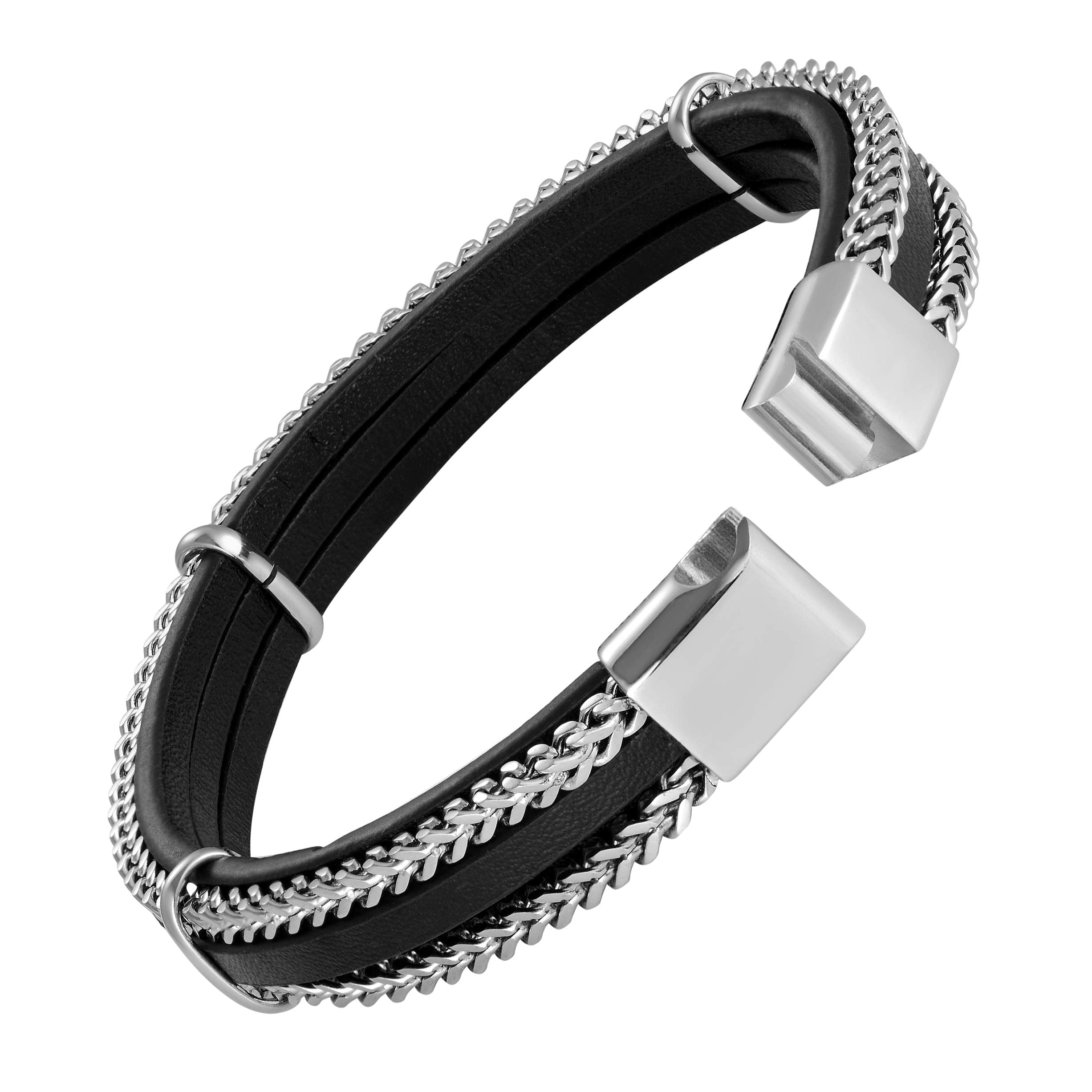 Urban Jewelry Splendid Men’s Bracelet – Silver or Gold Color Foxtail Chains with Contemporary Black Leather Detail – Made of Rust & Discoloration Resistant Stainless Steel and Genuine Leather