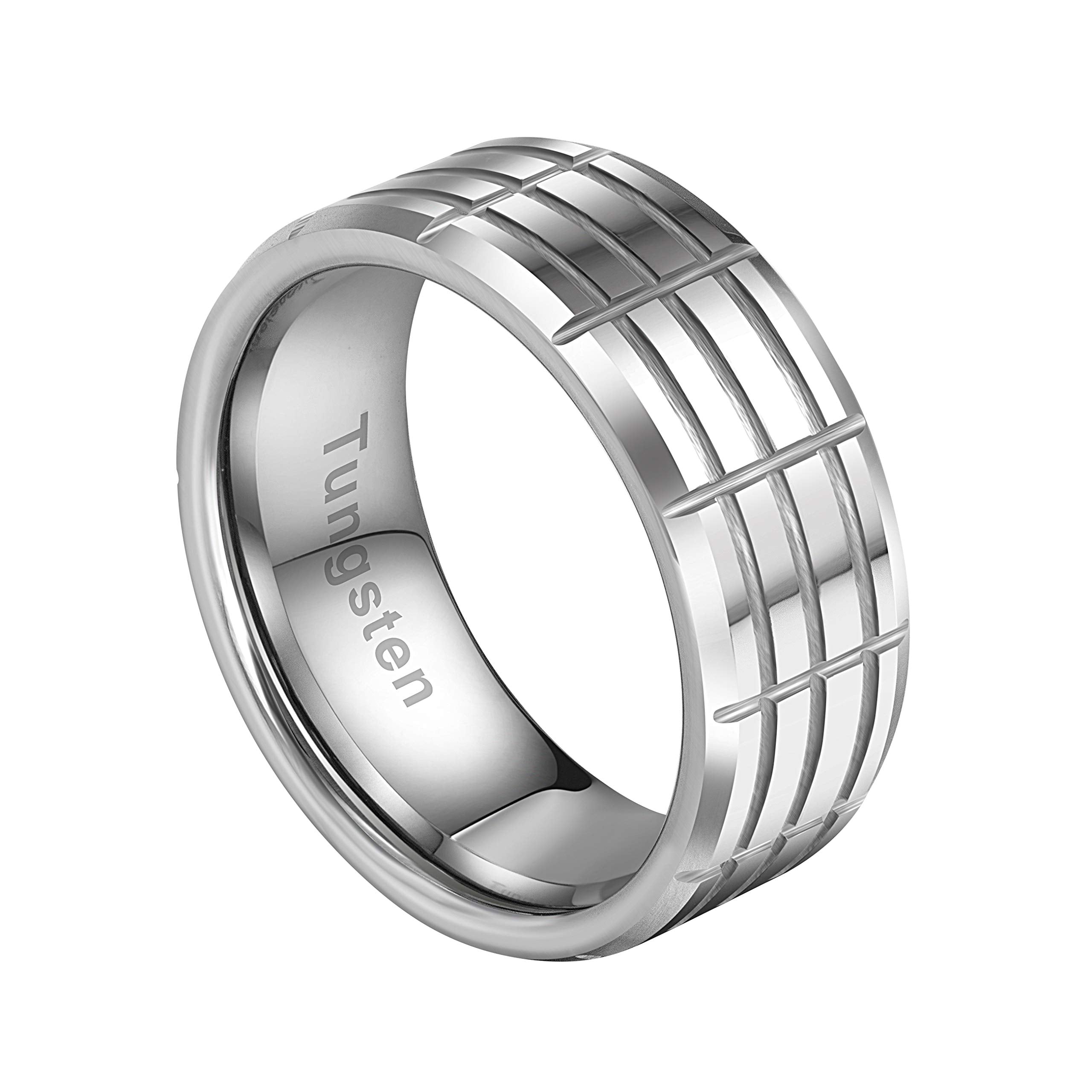 URBAN JEWELRY Men’s Tungsten Ring – Rectangular Pattern Design in a Polished Silver Color – Made of Solid Tungsten Material for Him