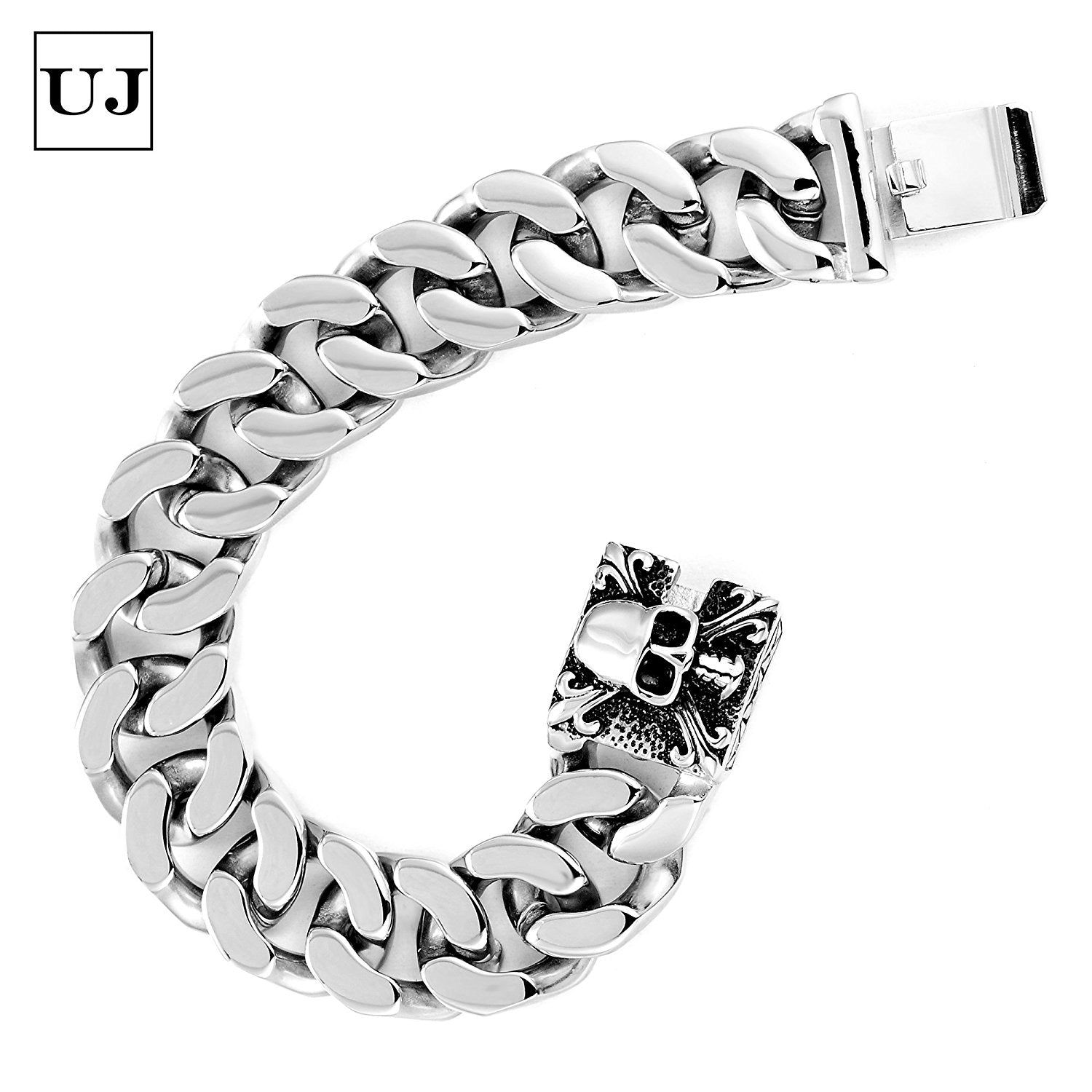 Urban Jewelry Unique 9 Inches Men's Stainless Steel Silver Skull Head Link Chain Bracelet