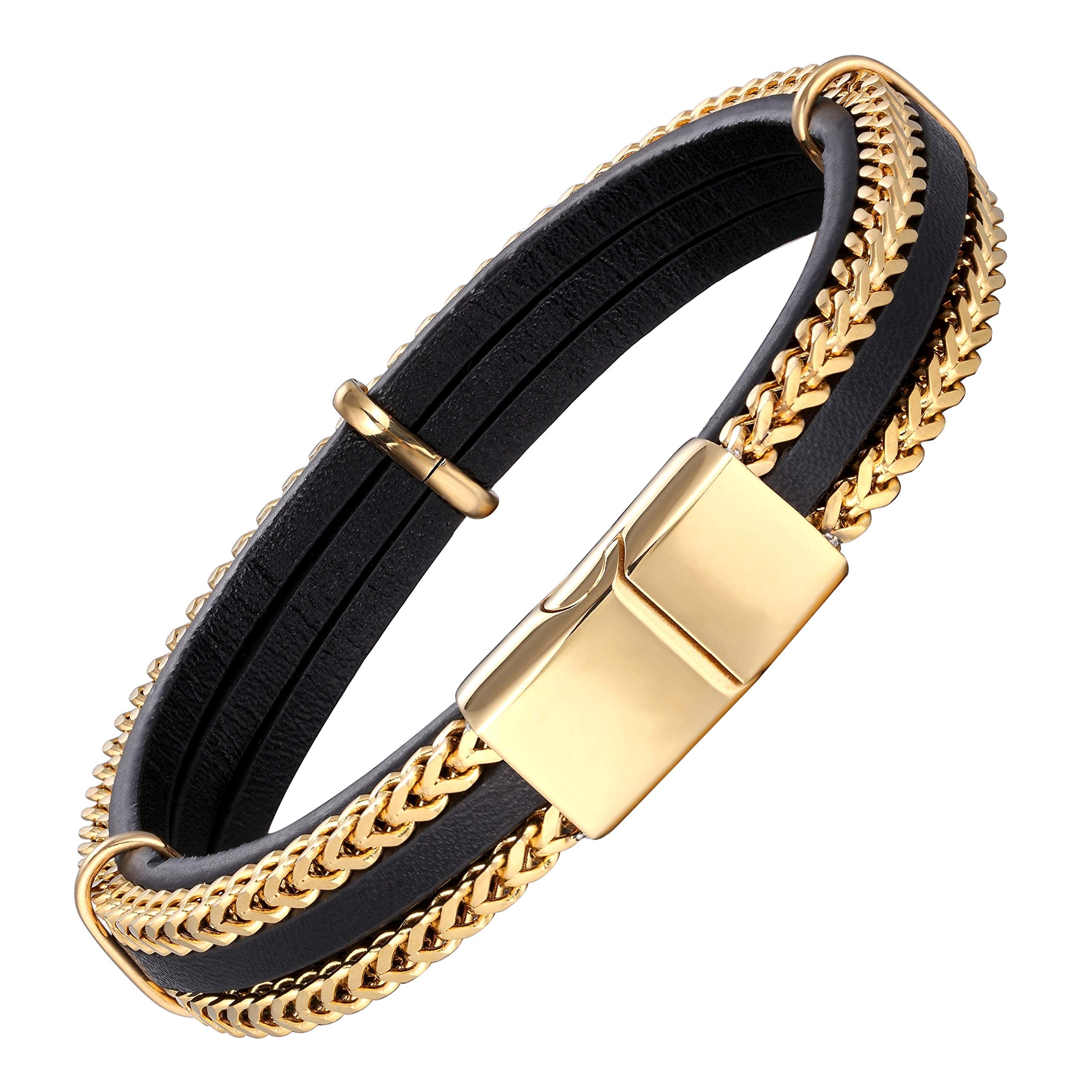 Urban Jewelry Splendid Men’s Bracelet – Silver or Gold Color Foxtail Chains with Contemporary Black Leather Detail – Made of Rust & Discoloration Resistant Stainless Steel and Genuine Leather