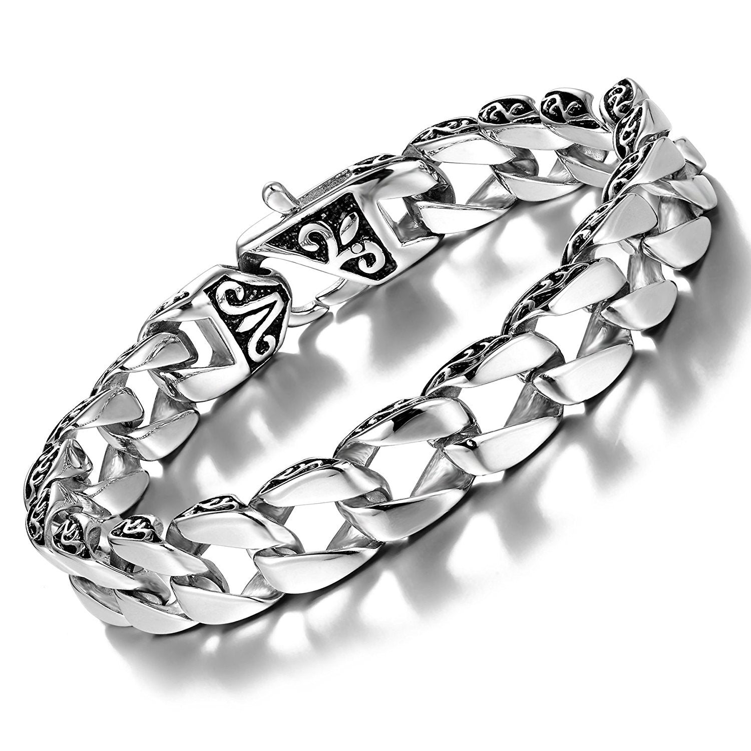 Urban Jewelry Beautiful Fleur De Lis Stainless Steel Link Bracelet for men (Silver, 8.5 Inches)