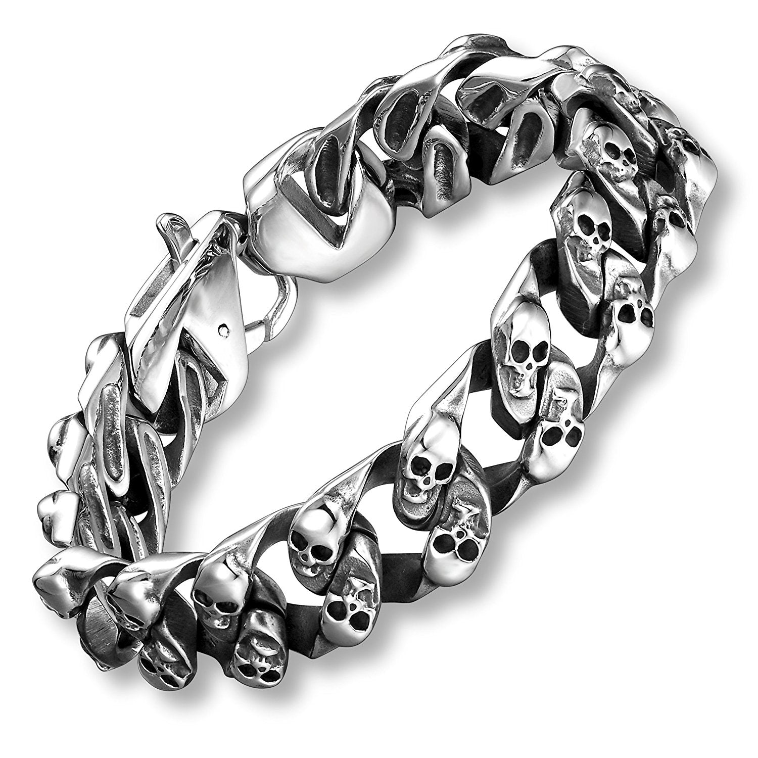 Urban Jewelry 8.6 Inches Stainless Steel Silver Tone Mini Skull Heads Link Chain Bracelet for Men