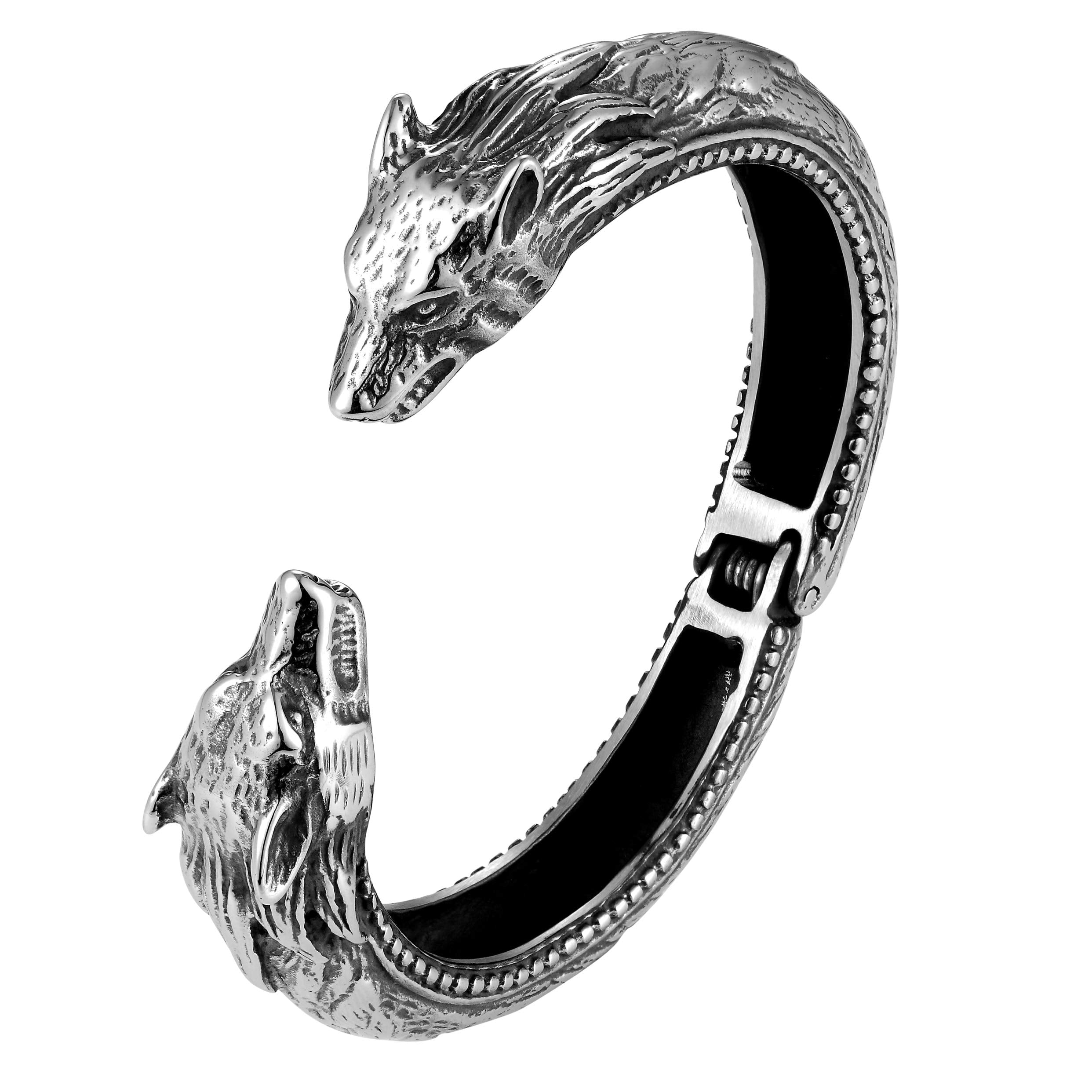 Boldly Sleek Men’s Bracelet – Polished Silver Finish Band with Wolf’s Head Ornament – Made of Rust & Discoloration Resistant Stainless Steel – Jewelry Gift or Accessory for Men