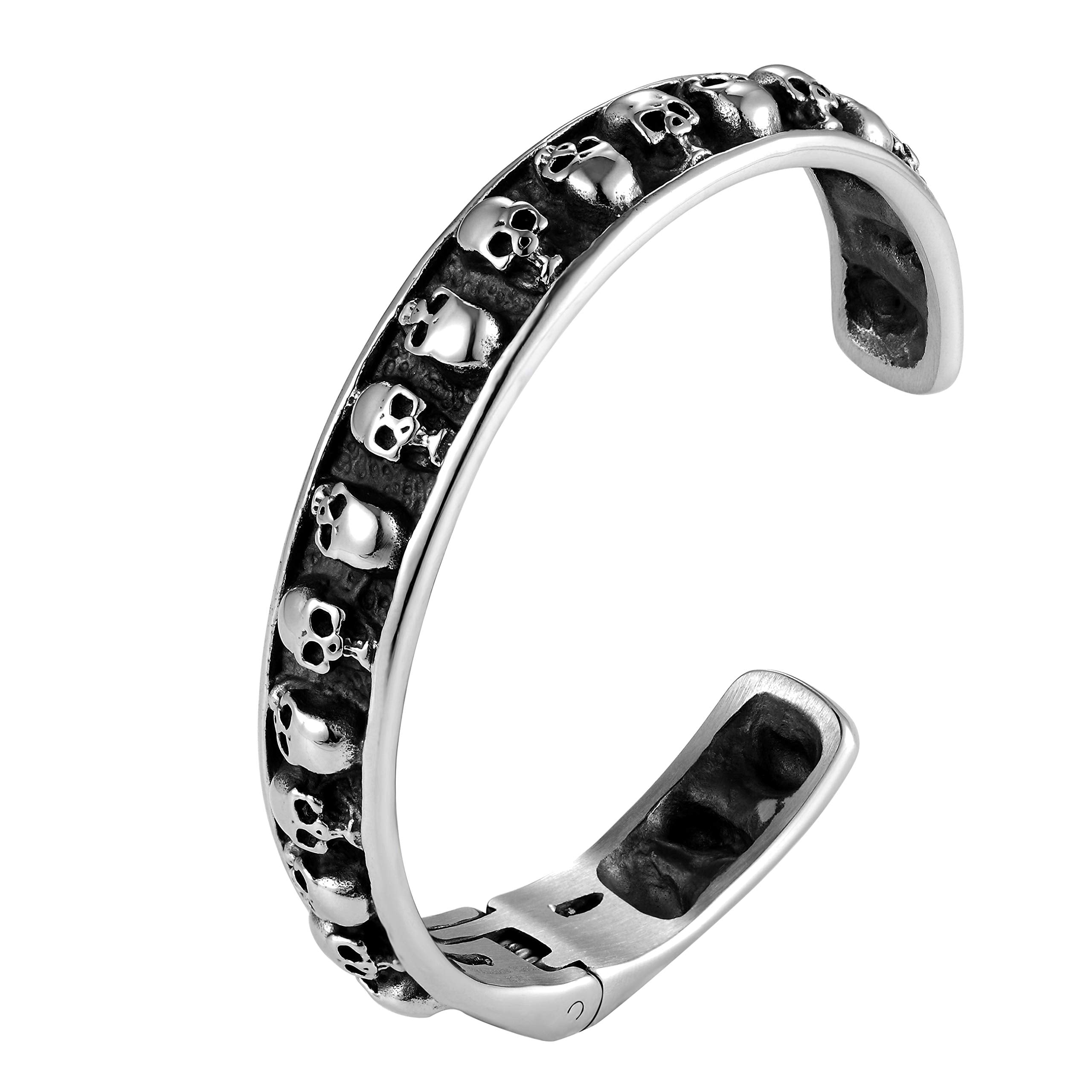 Bold Men’s Biker Bracelet, Rock & Roll Skull Design in a Sleek Stainless Steel Black & Silver Color Band