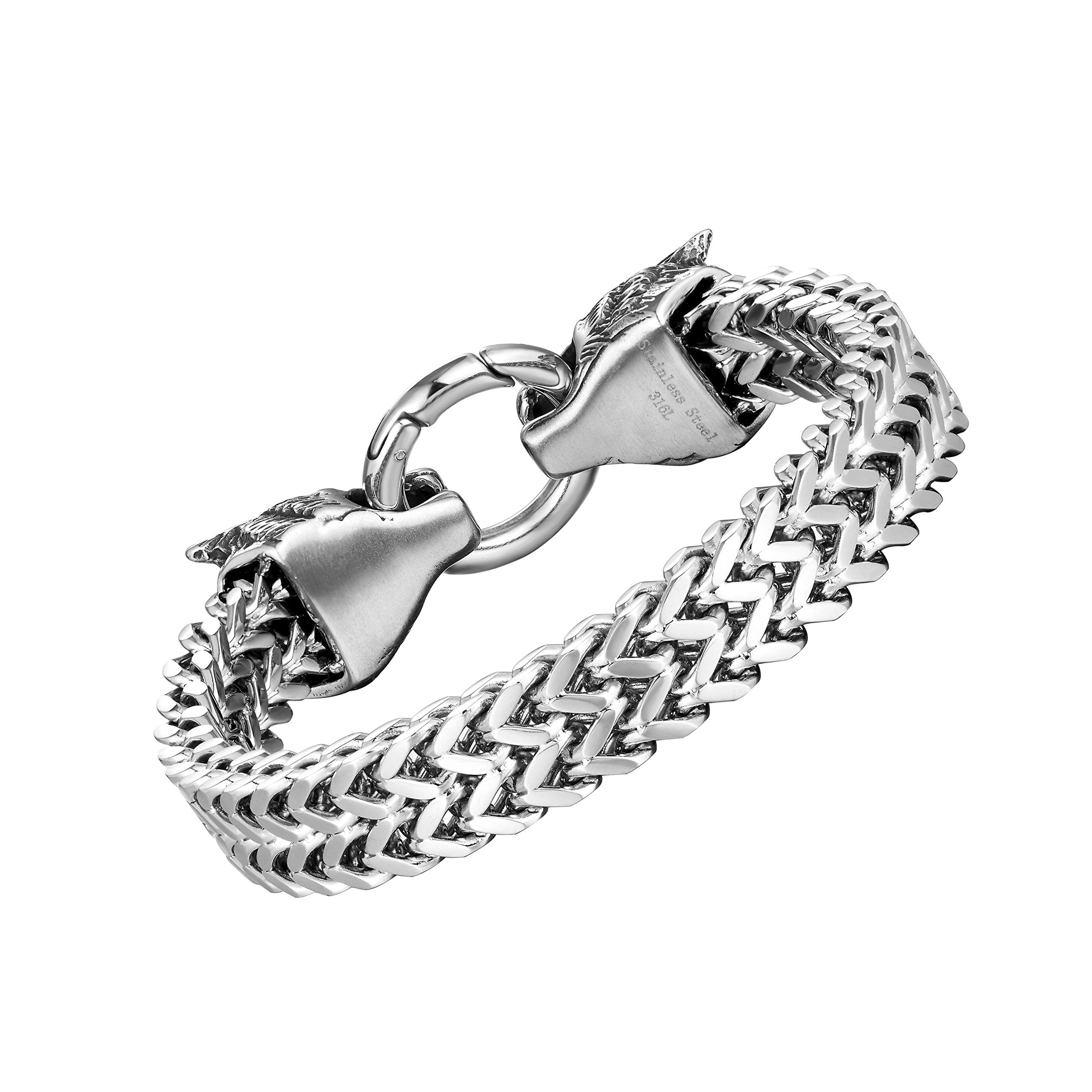 Daringly Bold Men’s Biker Bracelet – Foxtail Chain with Wolf’s Head Design – Polished Silver Finish – Made of Rust & Discoloration Resistant Stainless Steel – Jewelry Gift or Accessory for Men