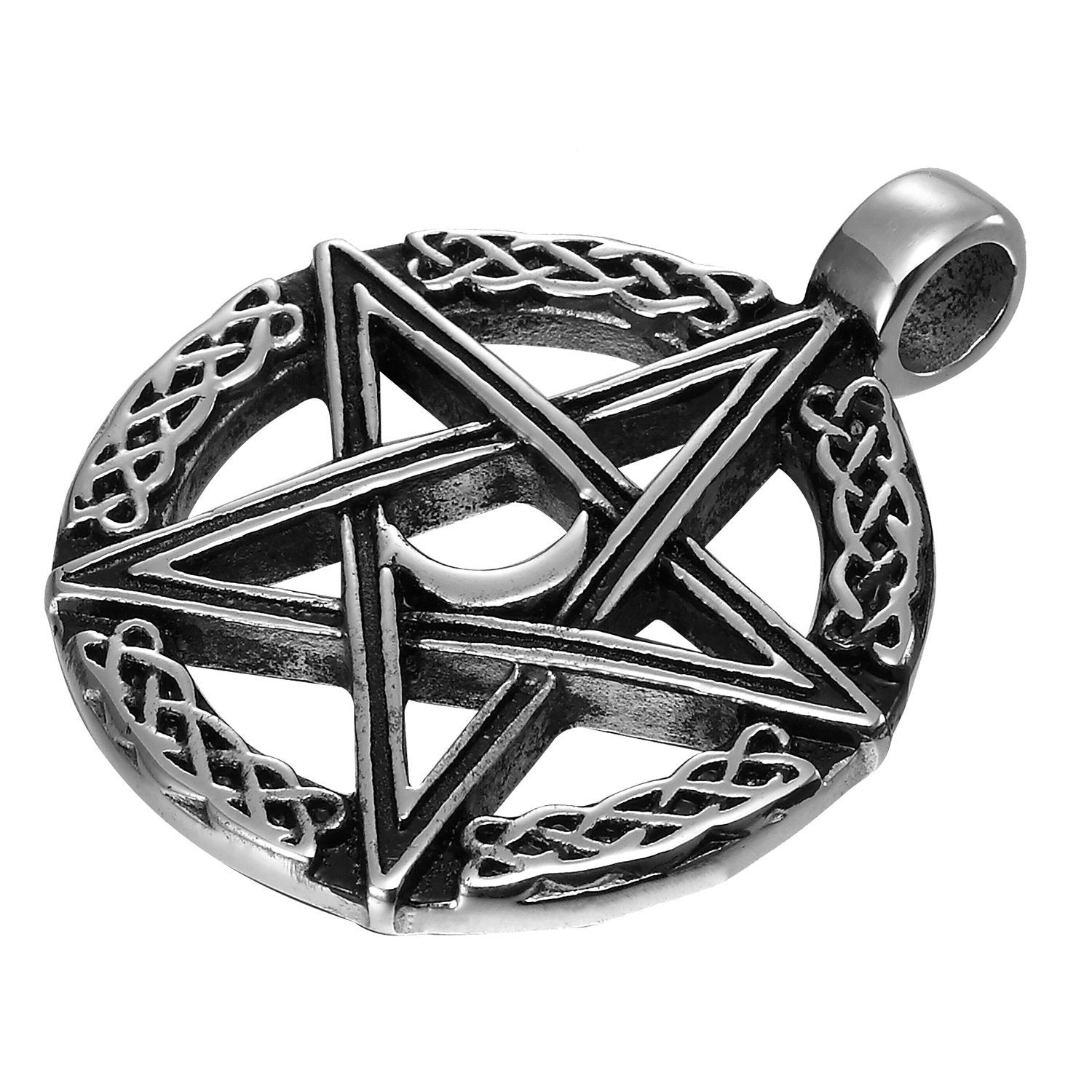Vintage Style Pentacle Pentagram Crescent Moon Stainless Steel Pendant Necklace for Men (21-inch chain)