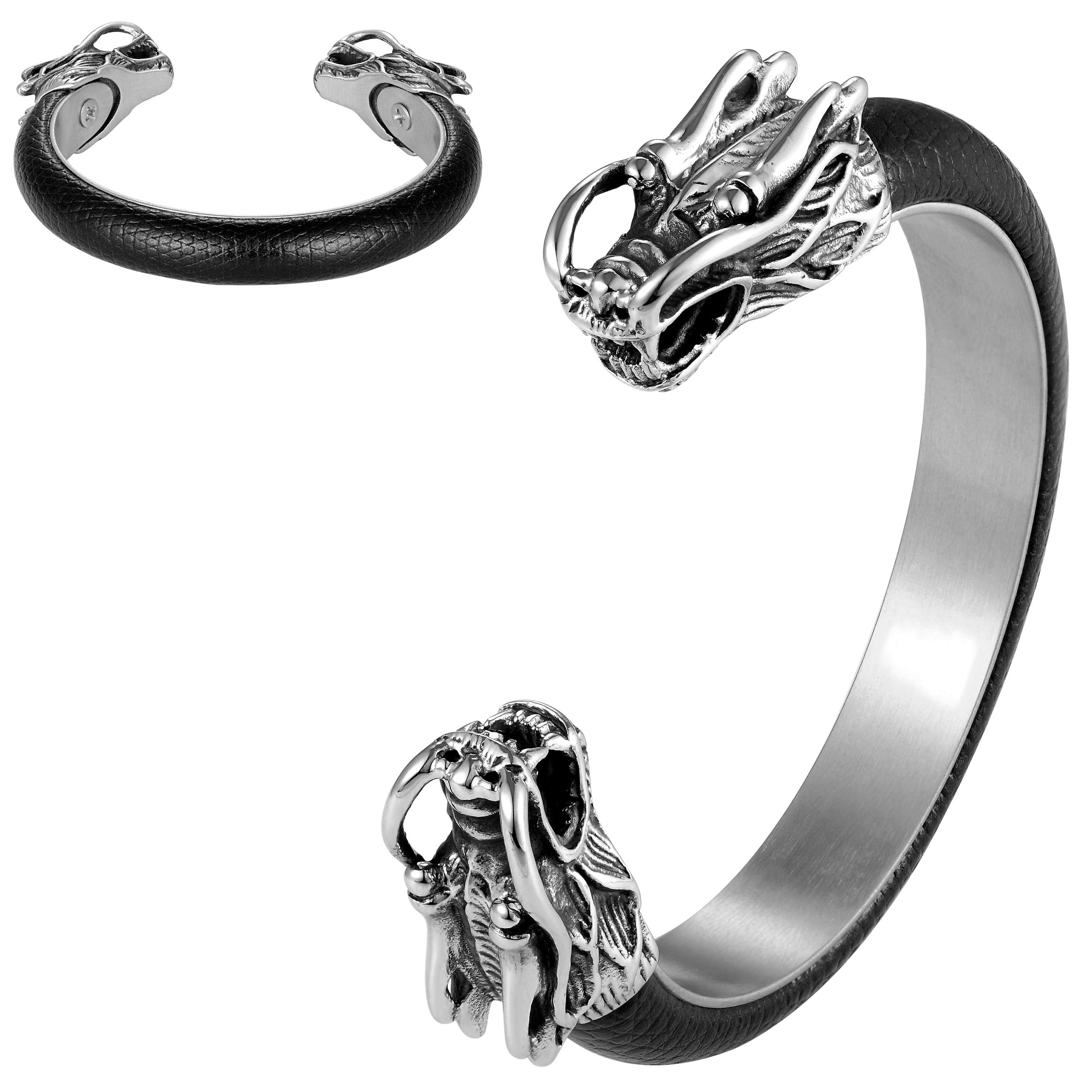 Classy Men’s Bracelet – Chinese Dragon’s Head Adornment – Black & Polished Silver Color Band – Made of Genuine Leather & Rust Resistant Stainless Steel – Jewelry Gift or Accessory for Men