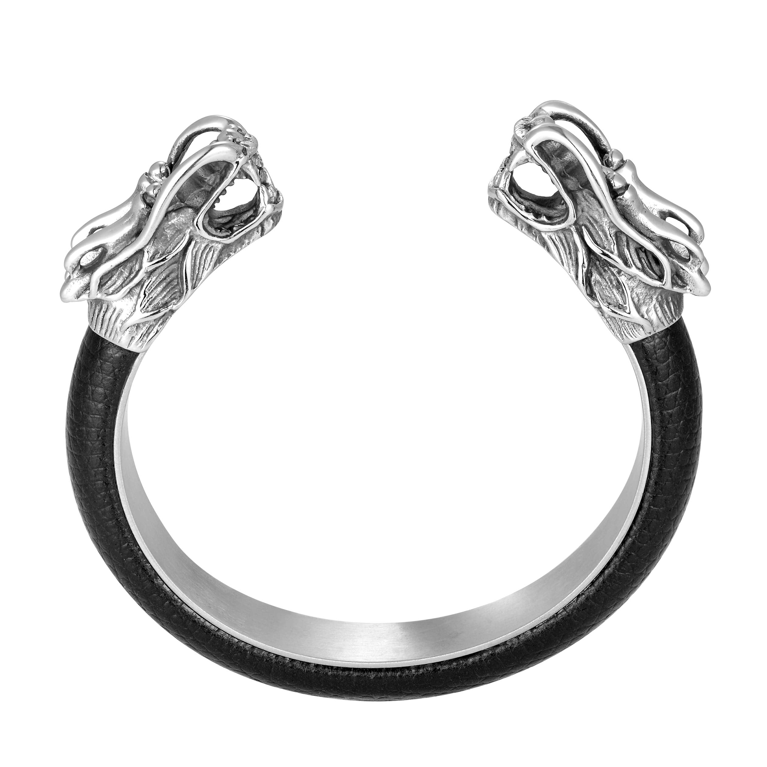 Classy Men’s Bracelet – Chinese Dragon’s Head Adornment – Black & Polished Silver Color Band – Made of Genuine Leather & Rust Resistant Stainless Steel – Jewelry Gift or Accessory for Men