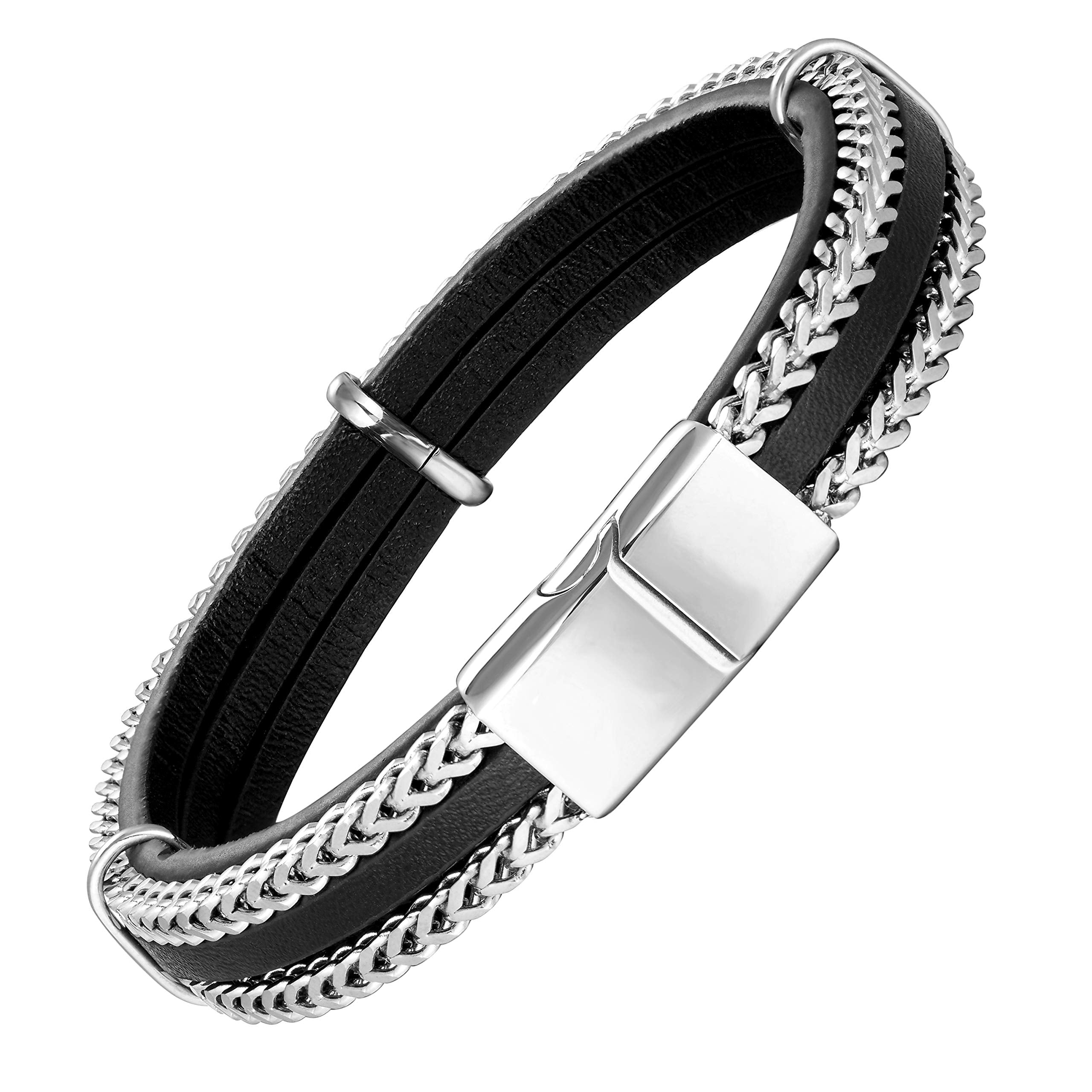Urban Jewelry Splendid Men’s Bracelet – Silver or Gold Color Foxtail Chains with Contemporary Black Leather Detail – Made of Rust & Discoloration Resistant Stainless Steel and Genuine Leather