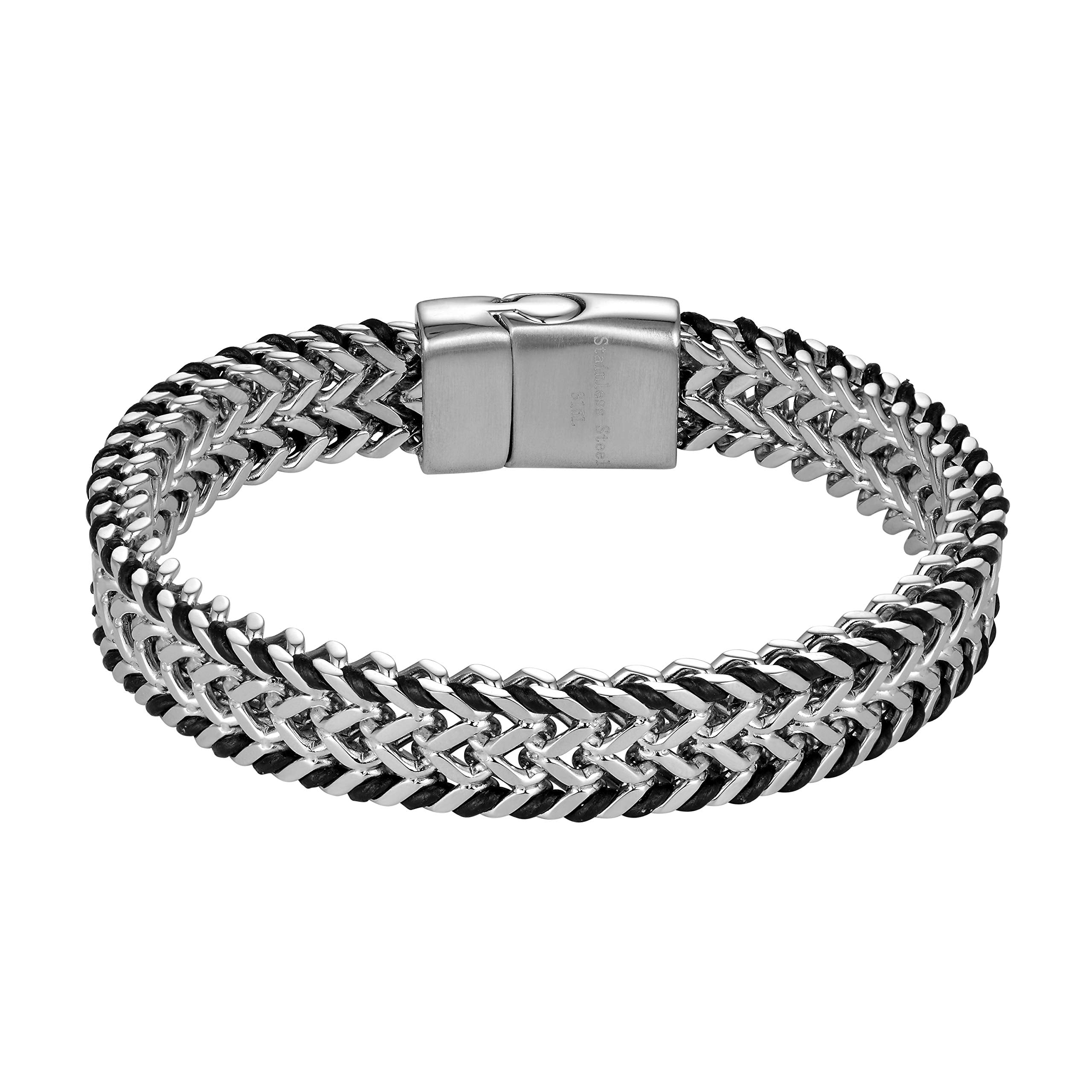 Handsome Men’s Bracelet – Mesmerizing Silver Finish Foxtail Chain with Black Genuine Leather Detail – Rust & Discoloration Resistant Stainless Steel Chain – Jewelry Gift or Accessory for Men