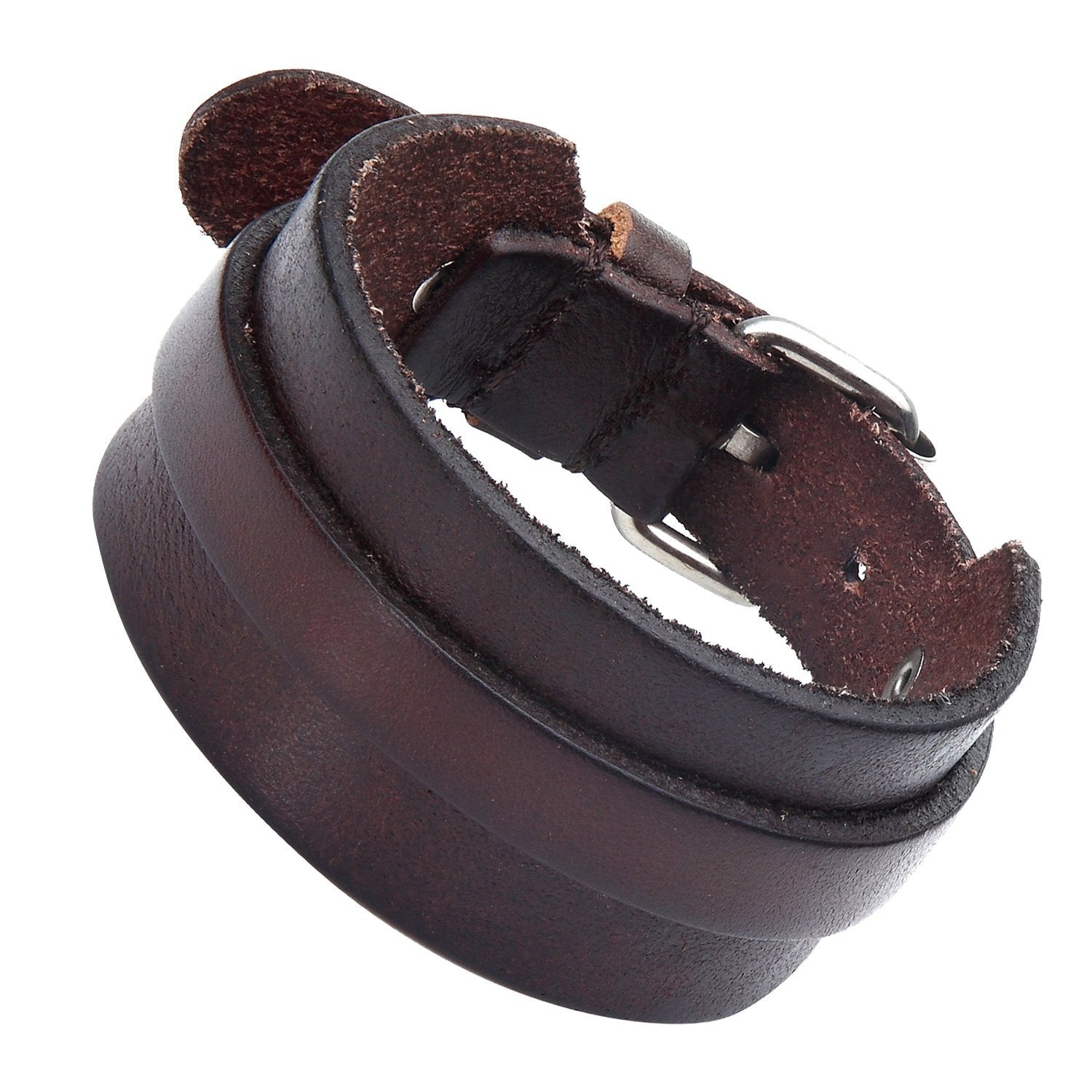 Urban Jewelry Stunning Adjustable Dark Brown Cuff Leather Bracelet for Men (Metal Buckle Clasp)