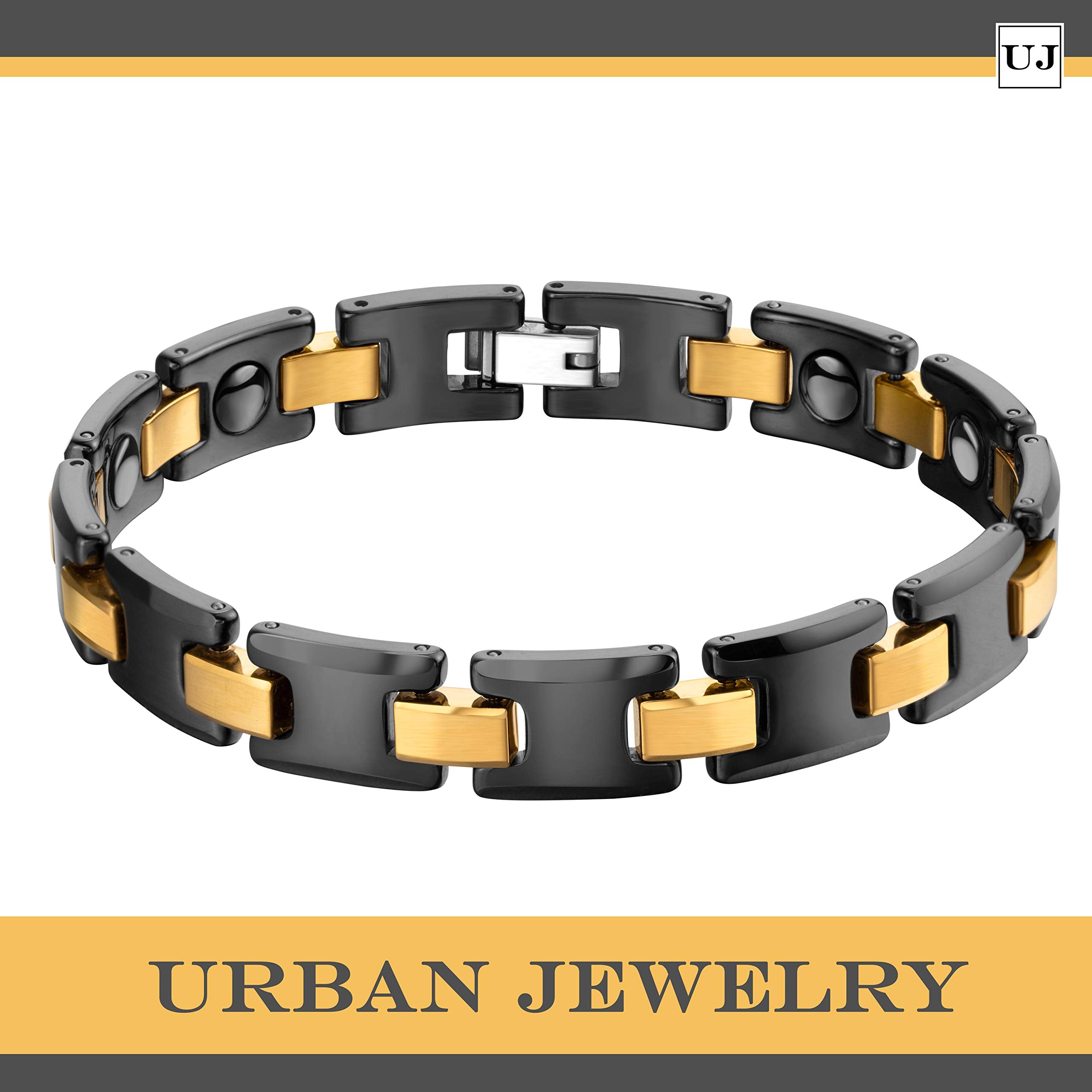 Urban Jewelry Men’s Bracelet Chain Link Design – Contrasting Black and Gold Color – Made of Solid Tungsten and Ceramic Material - 8.3 inch (21 cm) 10mm Wide
