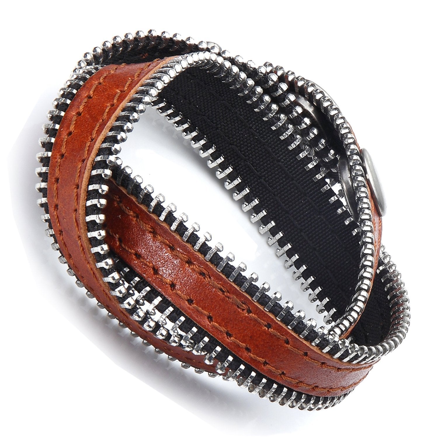 Urban Jewelry Zipper Style Brown Genuine Leather Wrap Cuff Bracelet for Men