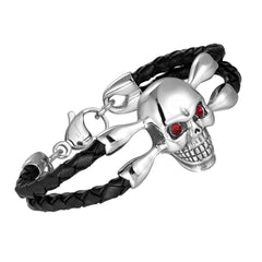 Bold Men’s Biker Bracelet, Skull in a Stainless Steel Polished Silver Finish, Black Genuine Leather Rope Cord