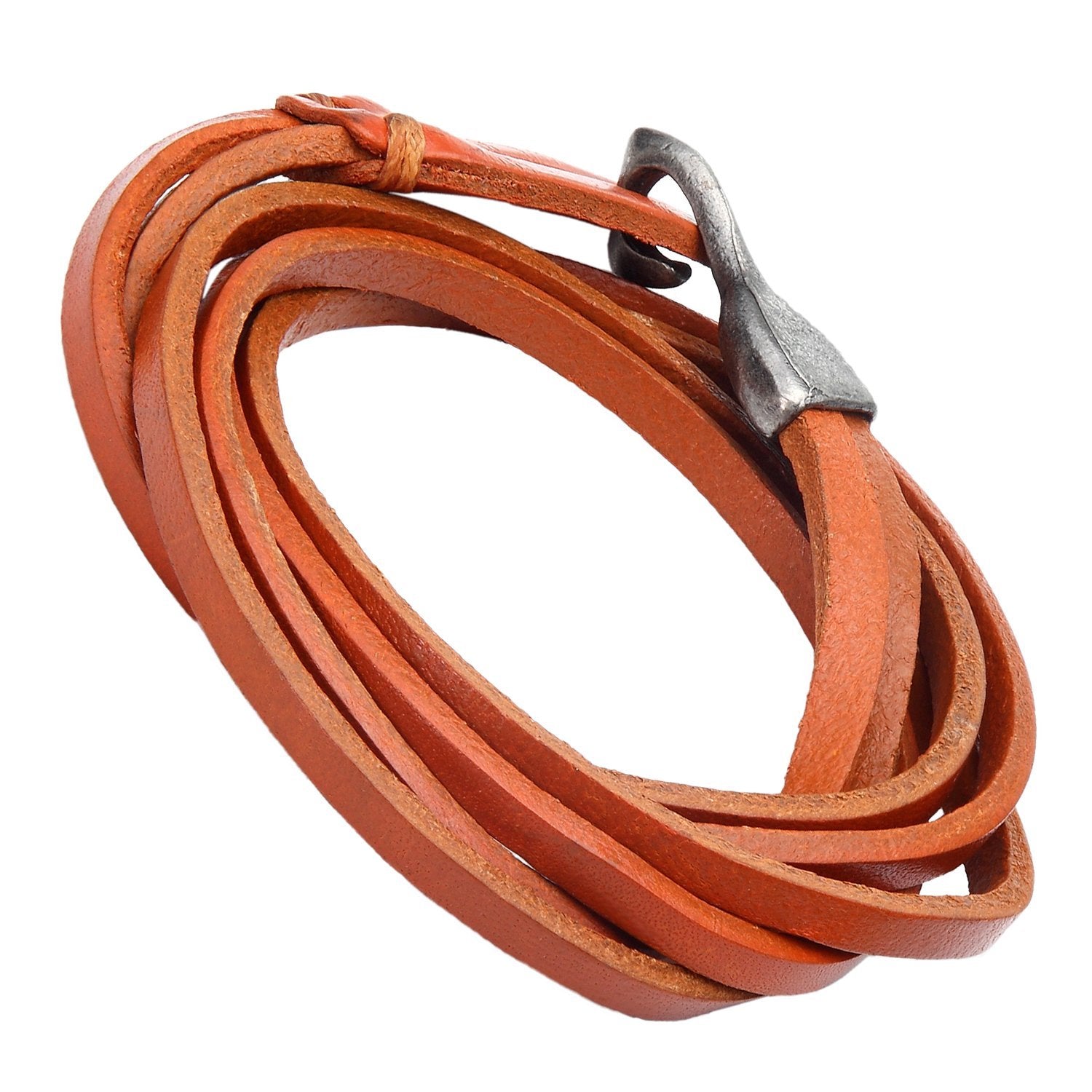 Urban Jewelry Genuine Leather Wrap Cuff Men's Bracelet with Metal Hook Clasp (Camel Brown)