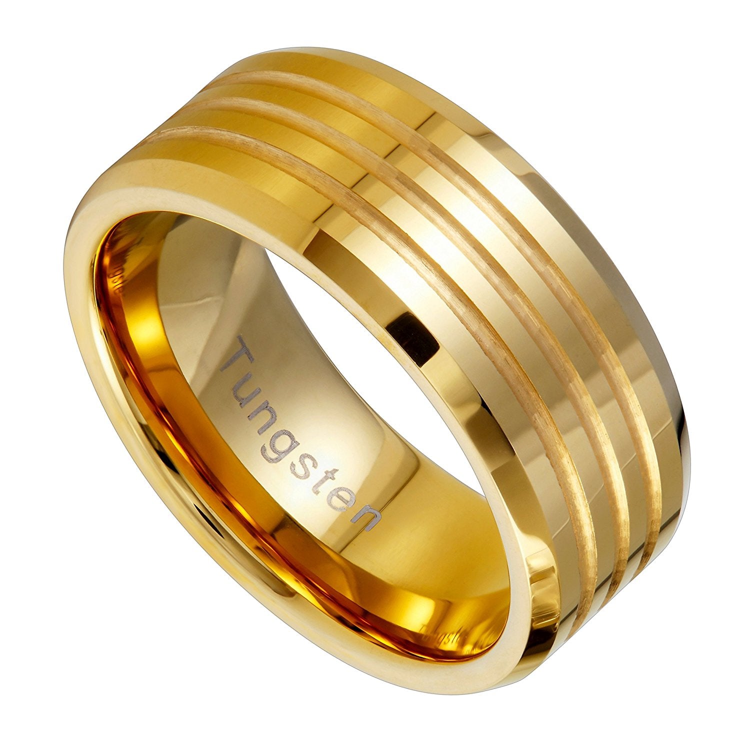 Urban Jewelry Striped Gold Color 9 mm Solid Tungsten Wedding Engagement Band Ring for Men