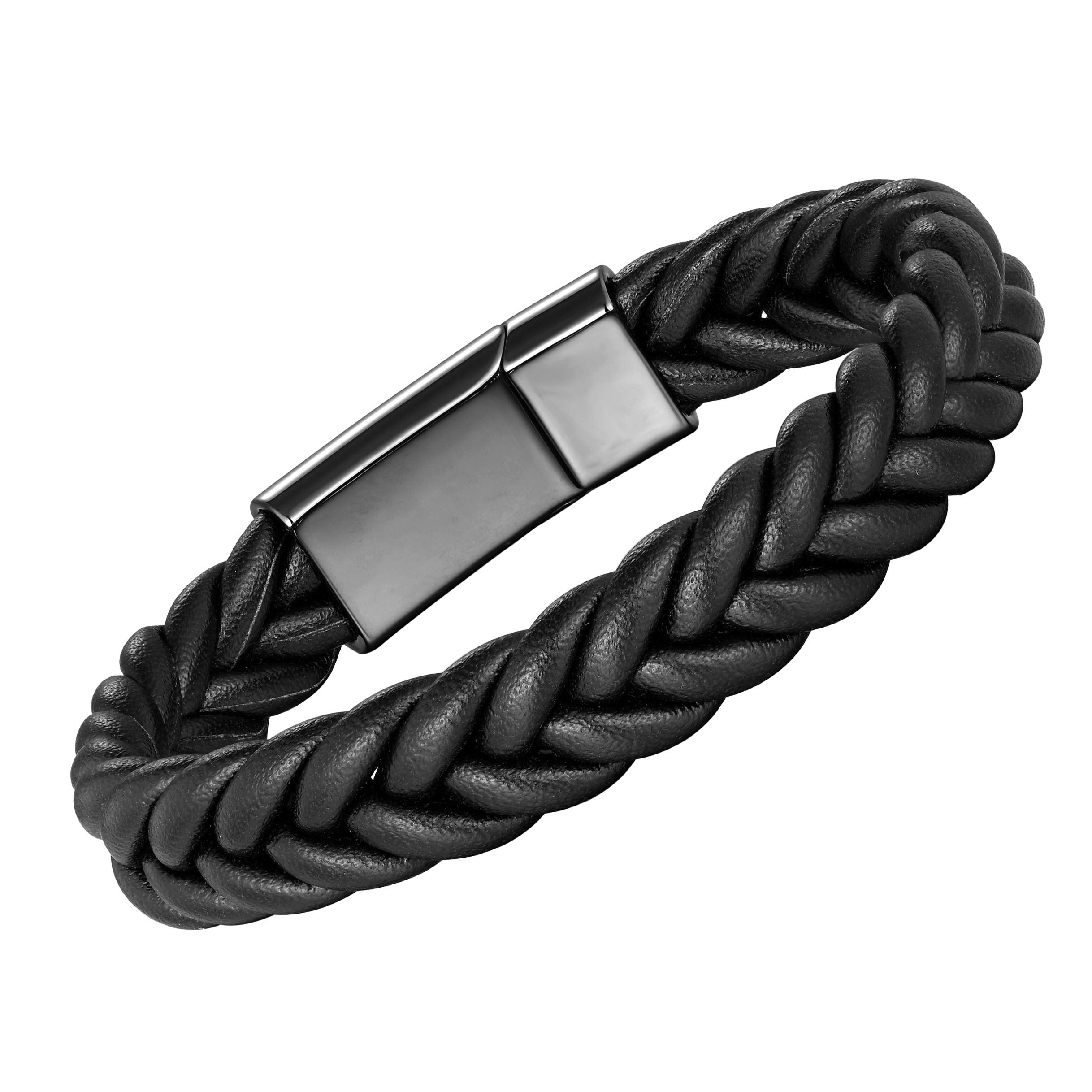 Stylish Men’s Bracelet – Contemporary Black Braided Leather Rope Design with Gunmetal Grey Clasp – Made of Comfy Genuine Leather & Stainless Steel – Jewelry Gift or Accessory for Men