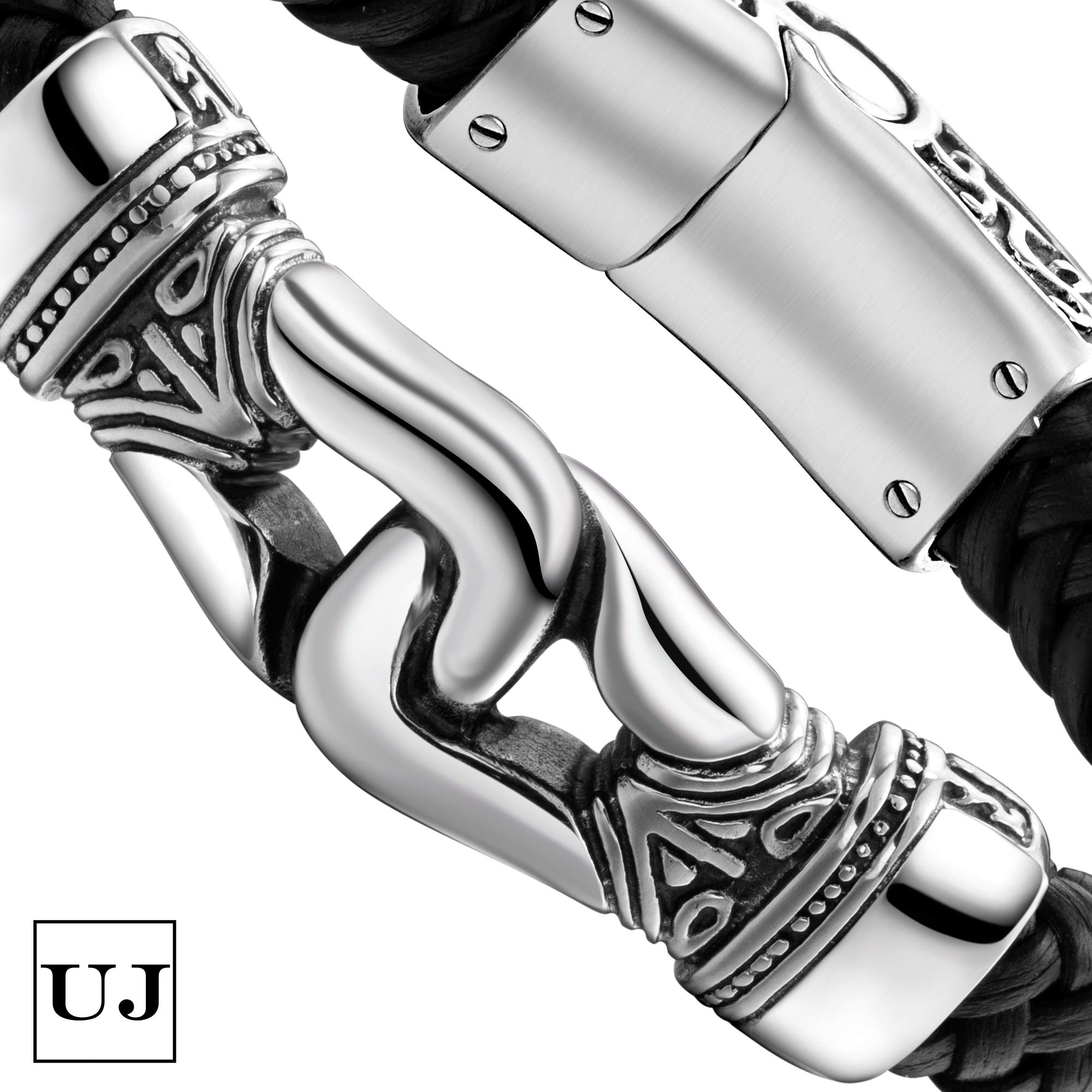 Urban Jewelry Men’s Bracelet – Ancient Pattern Design in a Polished Silver Finish and Black Leather Rope Chain – Made of Stainless Steel and Genuine Leather for Him
