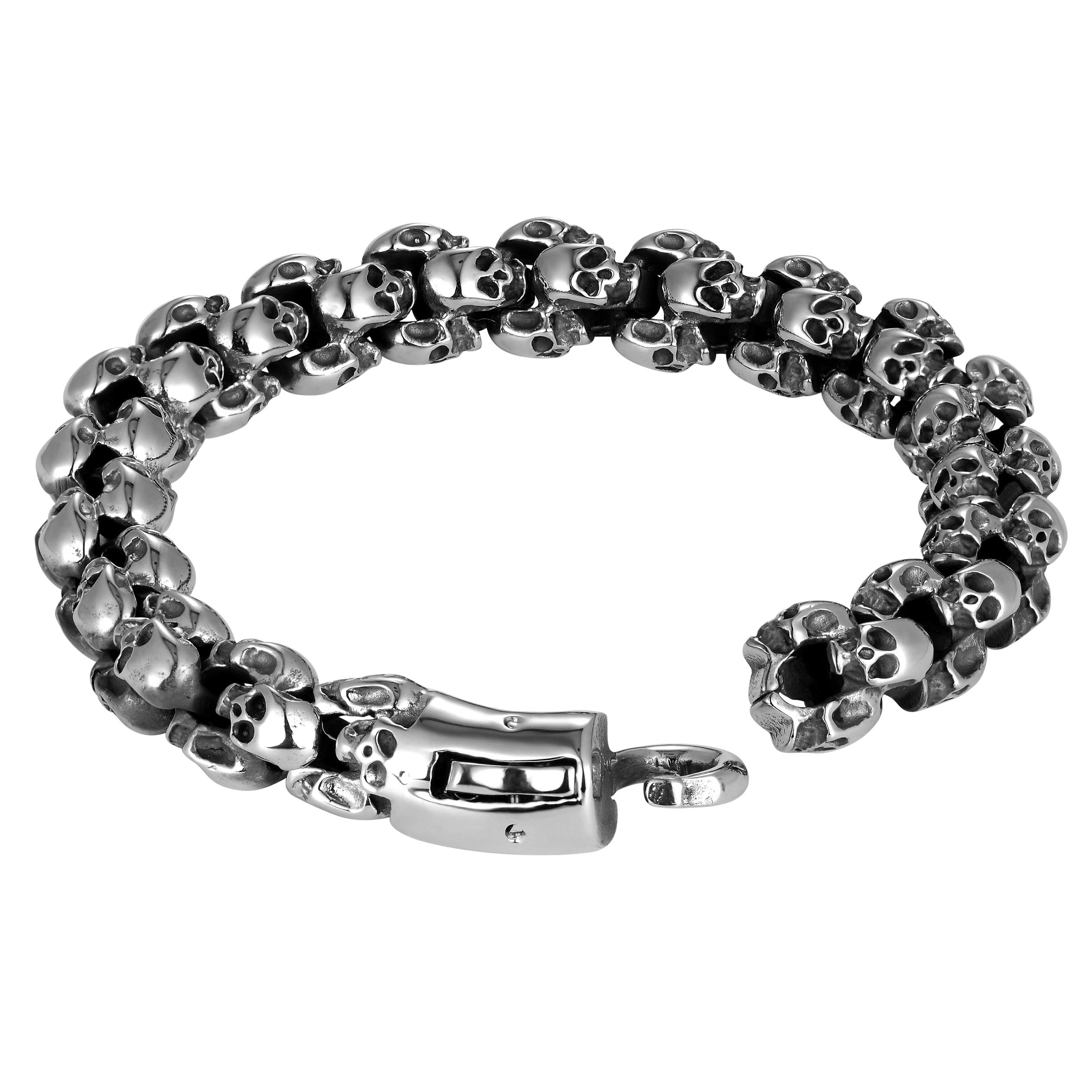 Men’s Biker Bracelet, Double Link Chains Embellished with Rows of Skull's in a Stainless Steel Polished Silver Finish